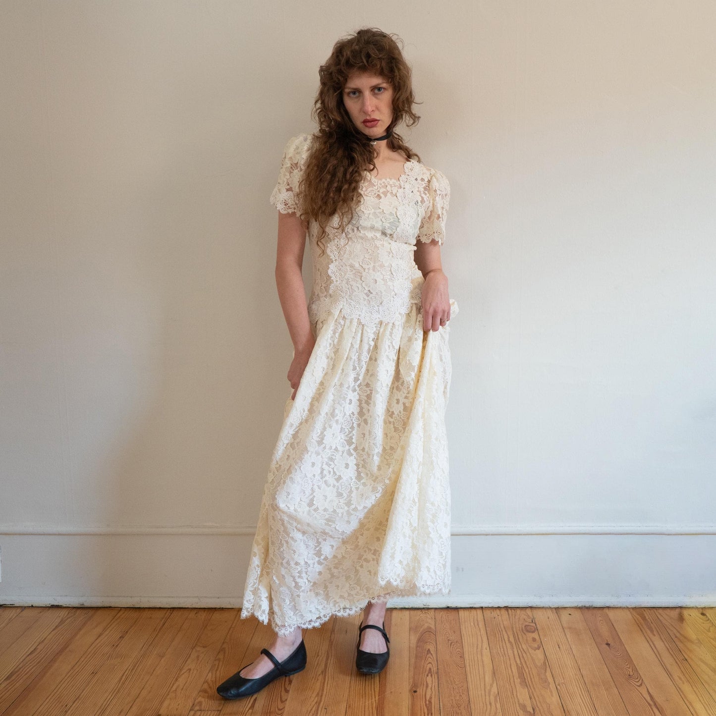 Vintage 80s Cachet by Bari Protas Ivory Lace Wedding Dress - Medium | Drop Waist Puff Sleeve Bridal Gown