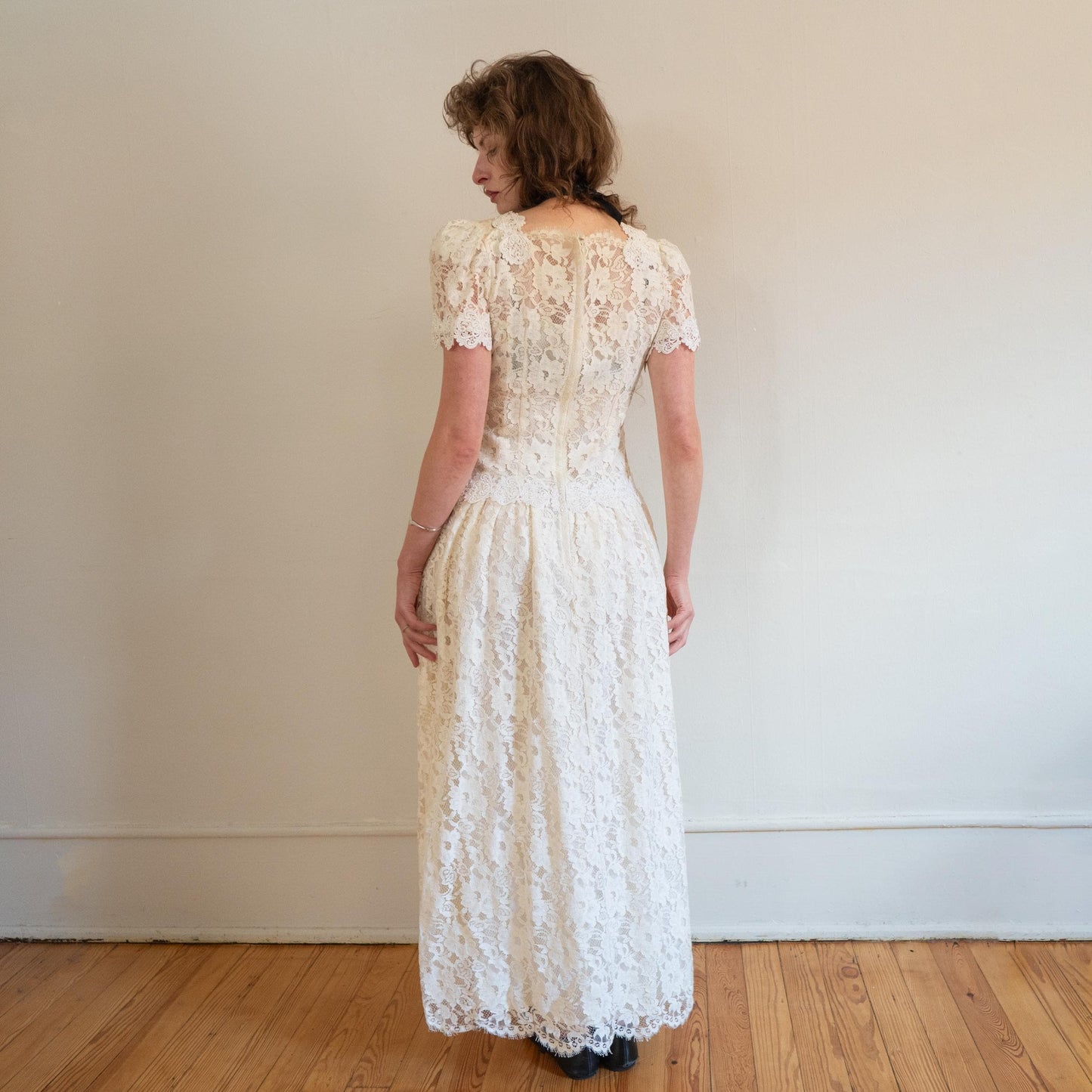 Vintage 80s Cachet by Bari Protas Ivory Lace Wedding Dress - Medium | Drop Waist Puff Sleeve Bridal Gown