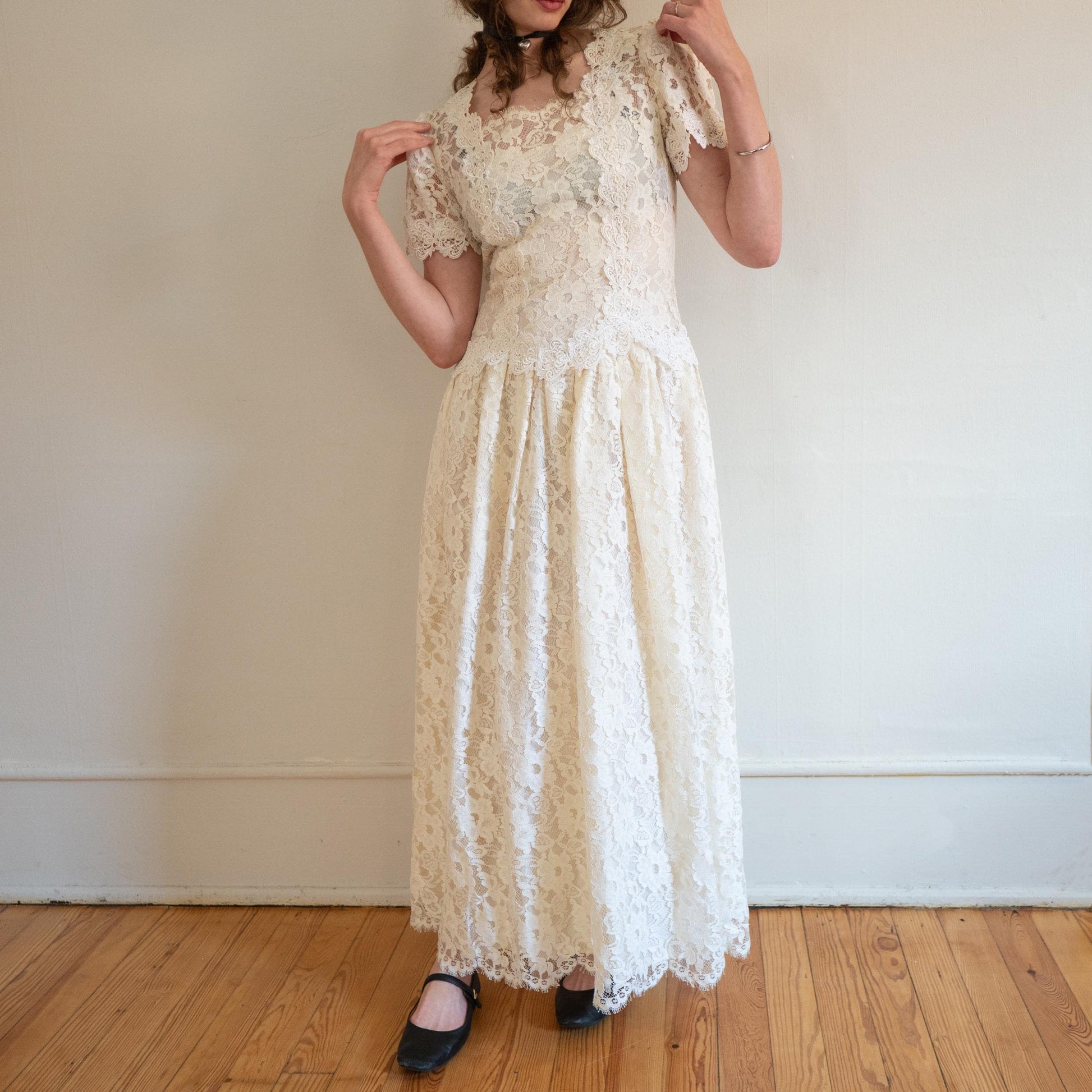 Vintage 80s Cachet by Bari Protas Ivory Lace Wedding Dress - Medium | Drop Waist Puff Sleeve Bridal Gown