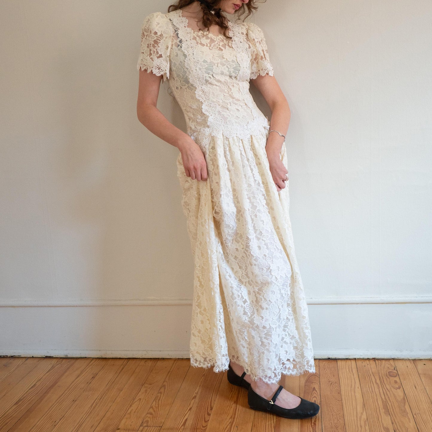 Vintage 80s Cachet by Bari Protas Ivory Lace Wedding Dress - Medium | Drop Waist Puff Sleeve Bridal Gown