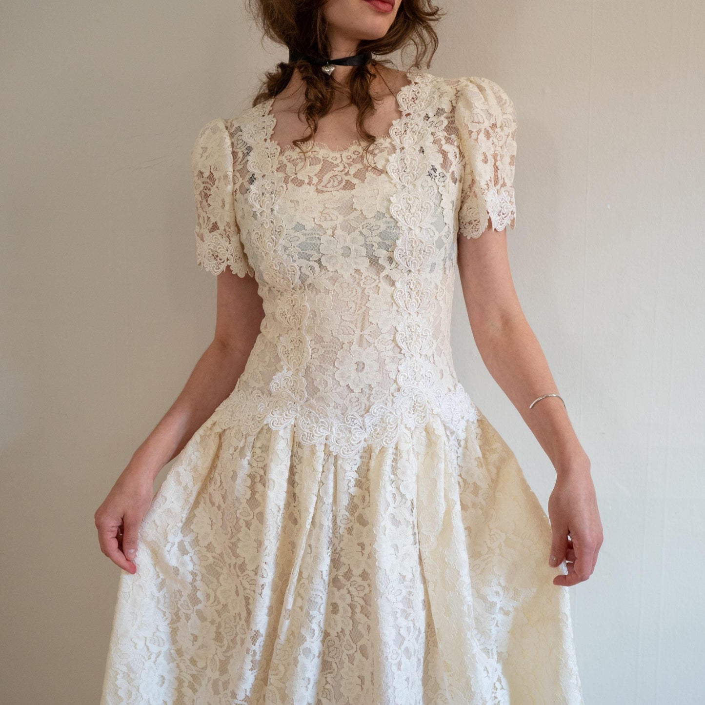 Vintage 80s Cachet by Bari Protas Ivory Lace Wedding Dress - Medium | Drop Waist Puff Sleeve Bridal Gown