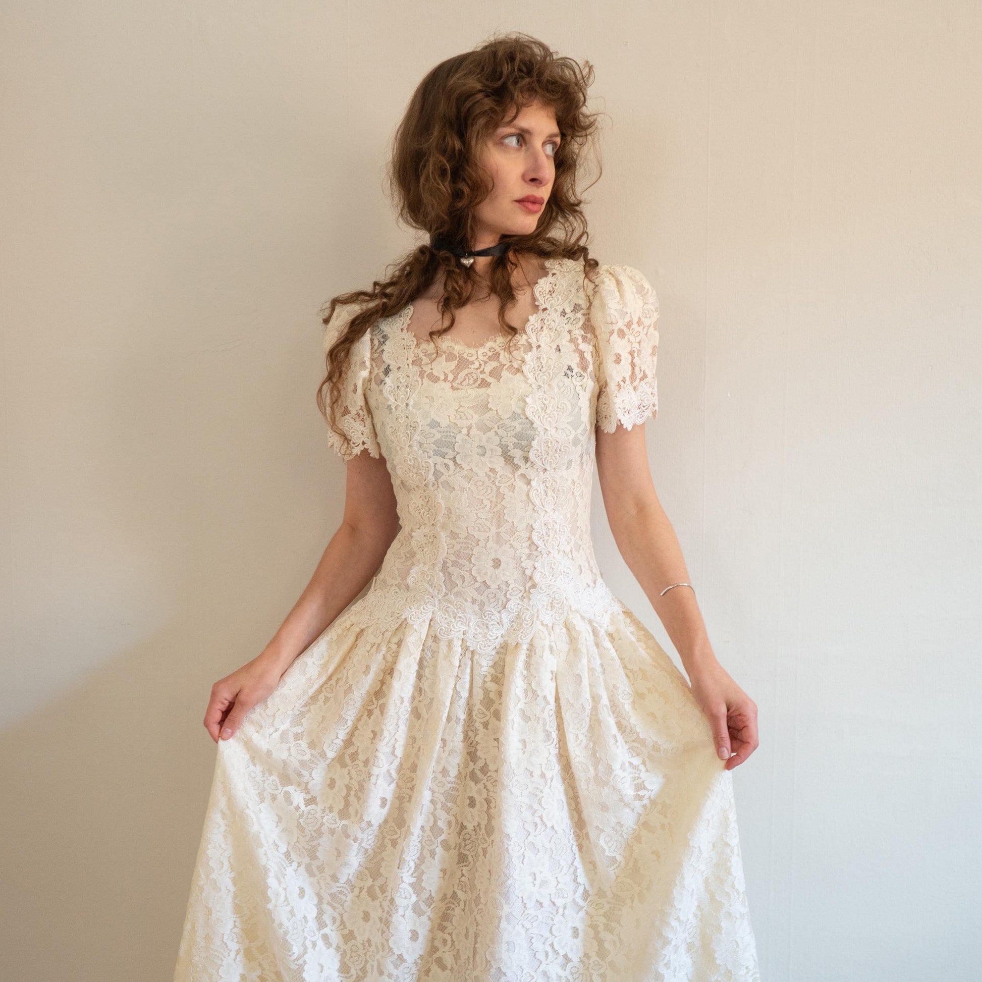 Vintage 80s Cachet by Bari Protas Ivory Lace Wedding Dress - Medium | Drop Waist Puff Sleeve Bridal Gown