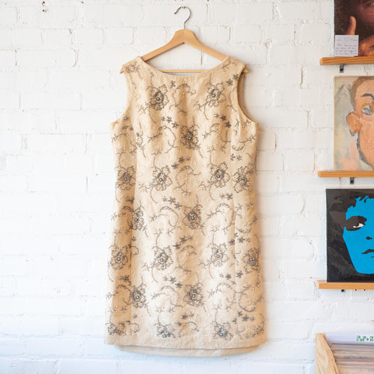 Vintage 60s Jean Lutece Beaded Silk Cocktail Dress - Large | Lace Overlay Sleeveless Formal Shift Dress