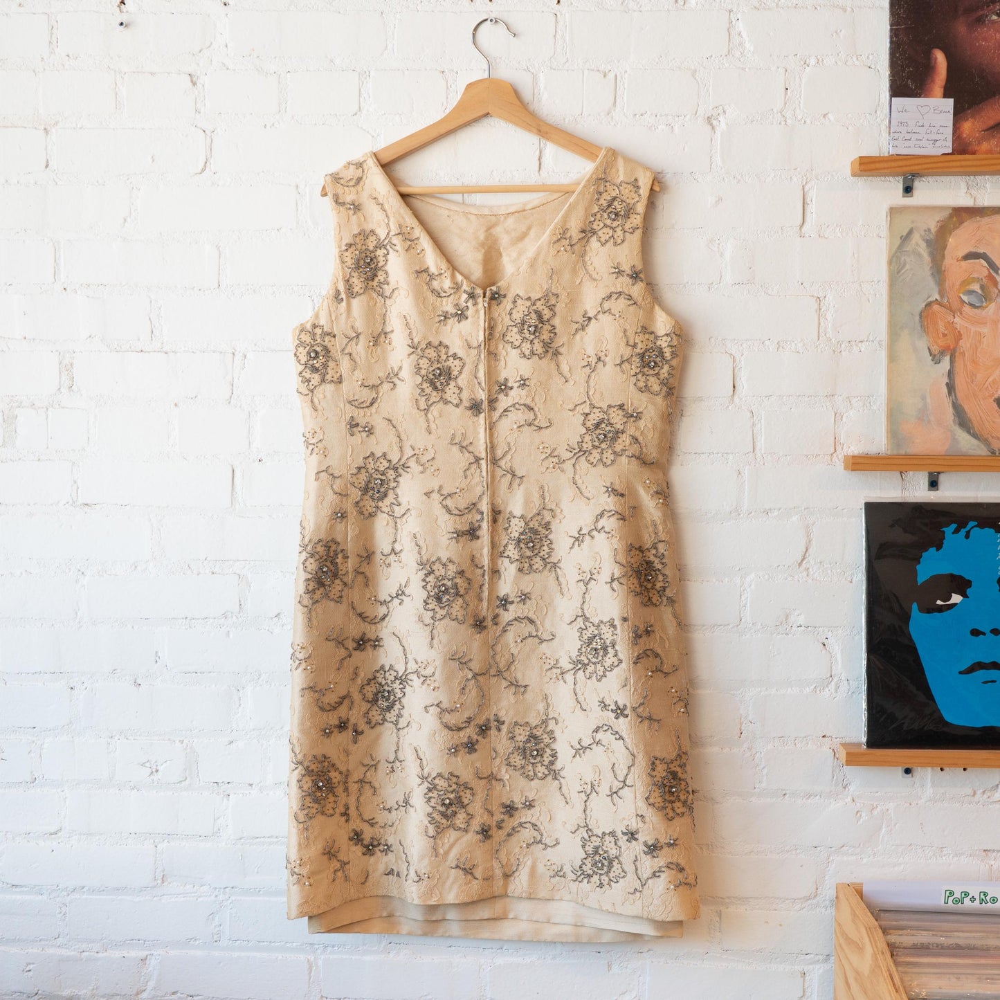 Vintage 60s Jean Lutece Beaded Silk Cocktail Dress - Large | Lace Overlay Sleeveless Formal Shift Dress