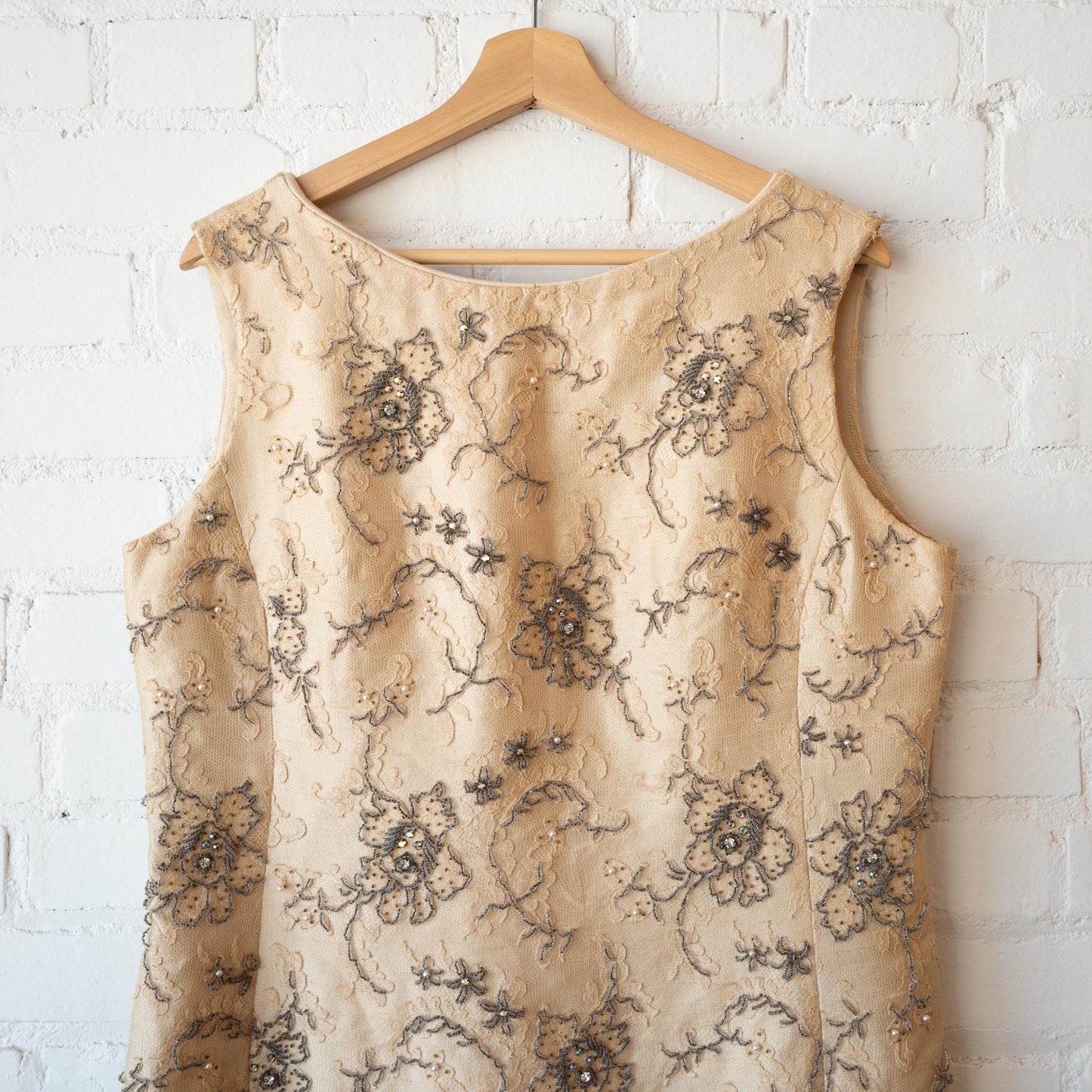 Vintage 60s Jean Lutece Beaded Silk Cocktail Dress - Large | Lace Overlay Sleeveless Formal Shift Dress