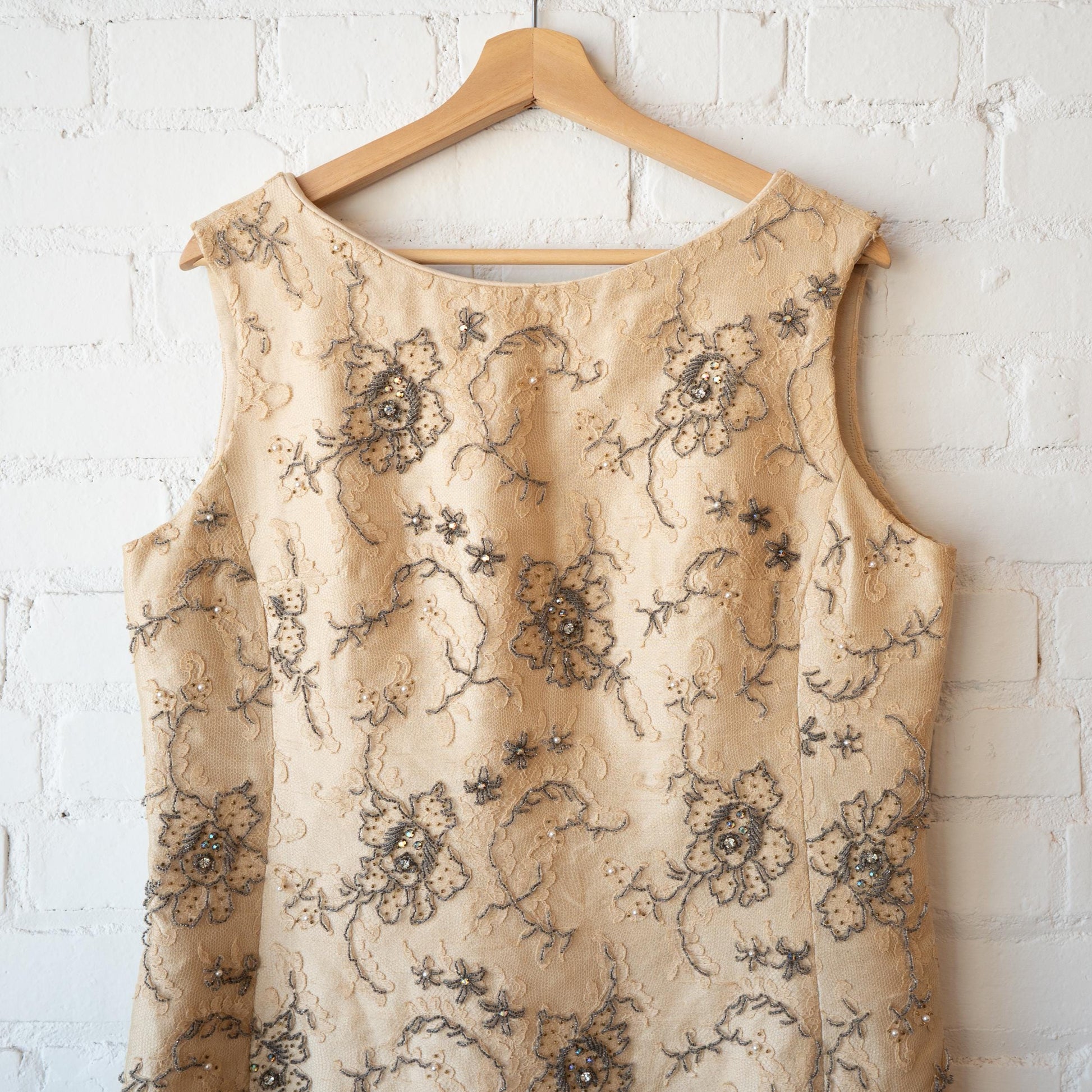 Vintage 60s Jean Lutece Beaded Silk Cocktail Dress - Large | Lace Overlay Sleeveless Formal Shift Dress