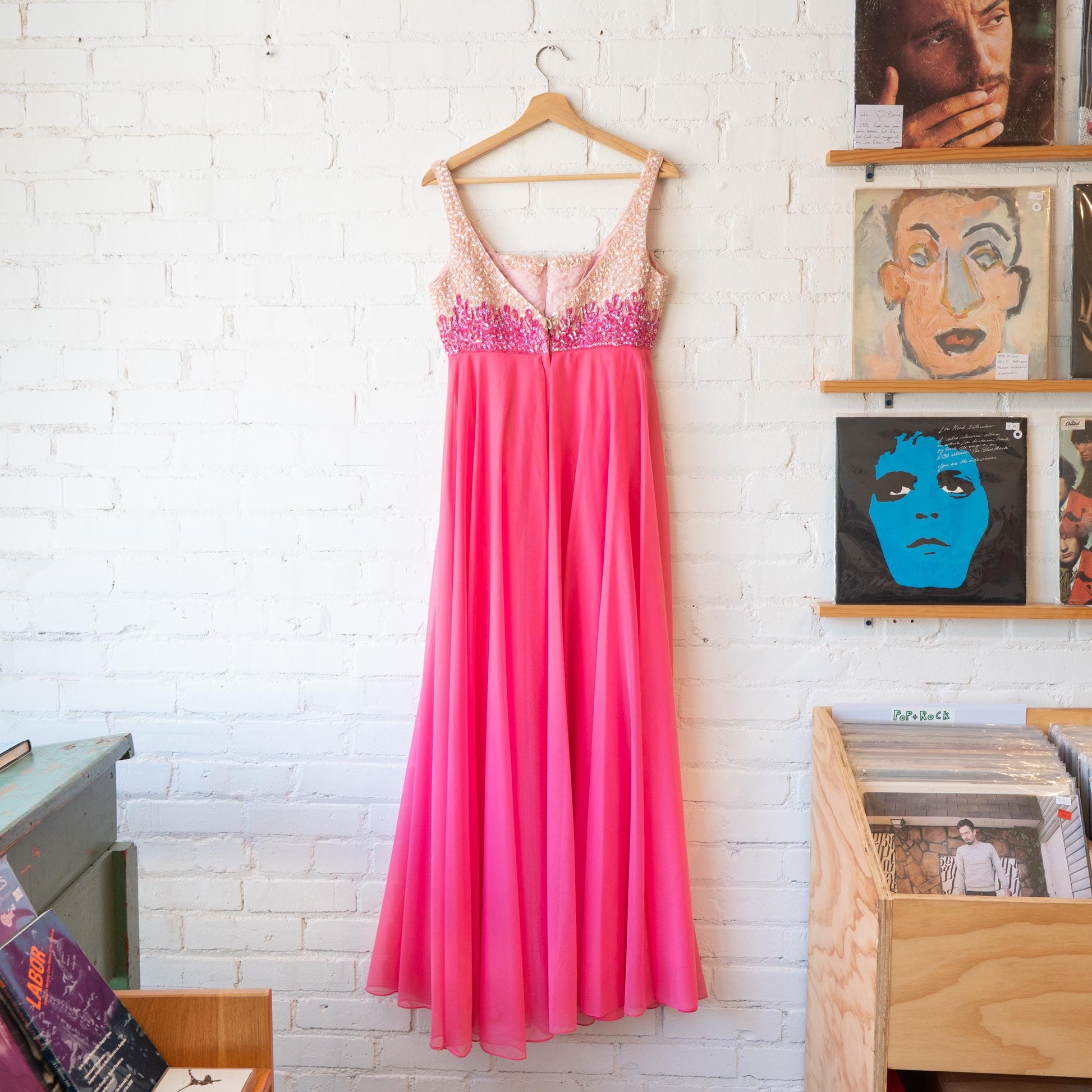 Vintage 70s Mike Benet Hot Pink Chiffon & Sequin Gown - Medium | Formal Low Back Prom Dress