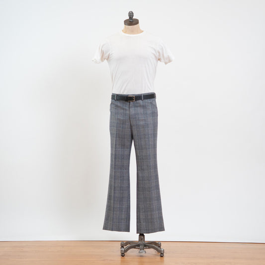 Vintage 70s Grey Plaid Wool Trousers - 34x31 