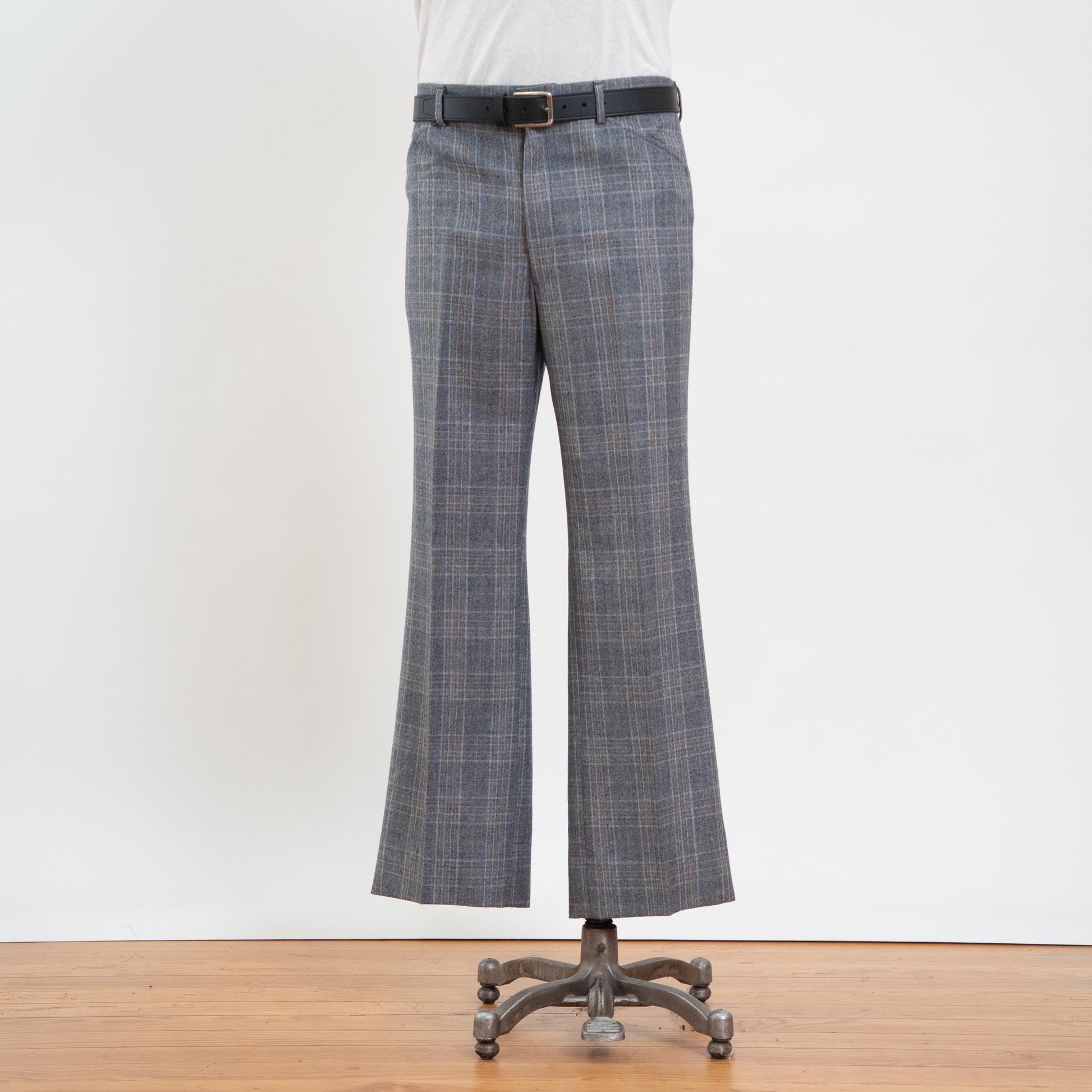 Vintage 70s Grey Plaid Wool Trousers - 34x31 