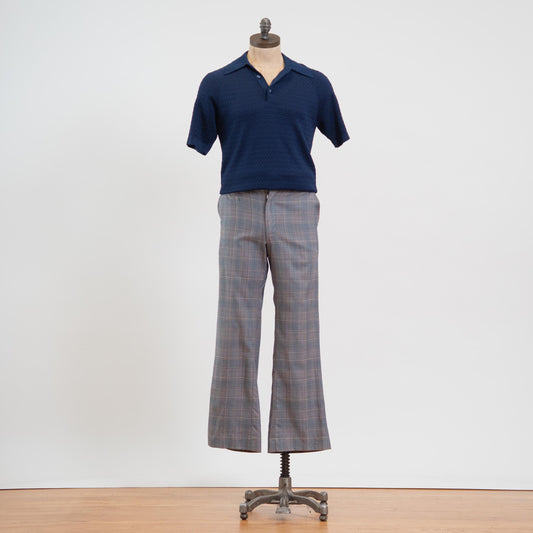 Vintage 70s Blue Plaid Wool Trousers - 31x30