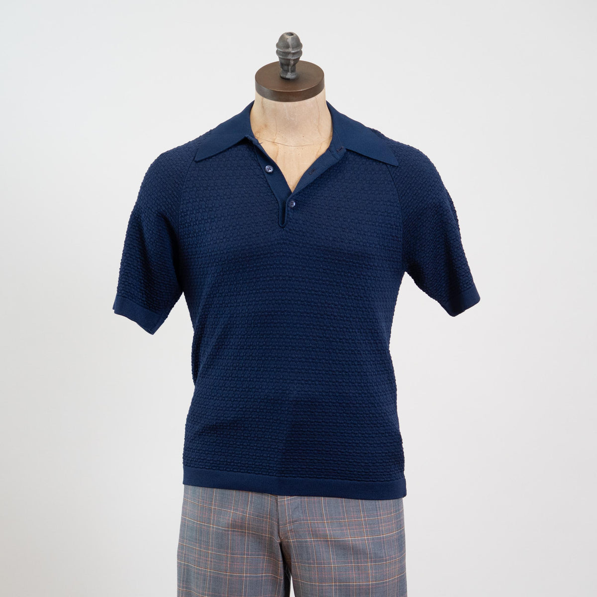 Vintage 80s Navy Blue Dagger Collar Knit Polo Top - Medium