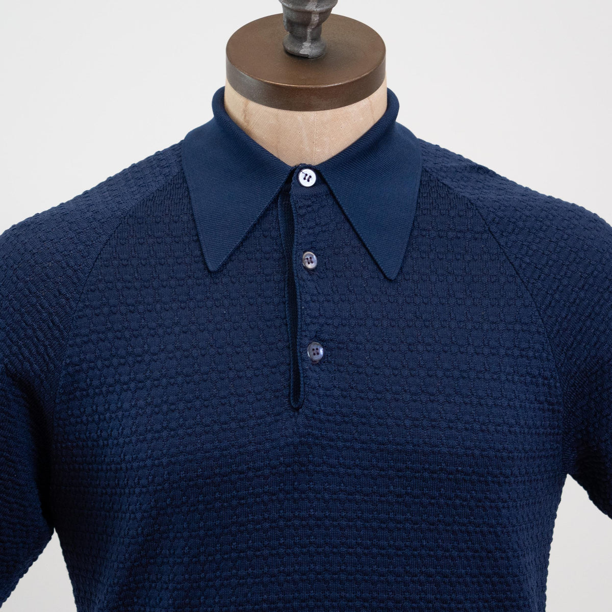 Vintage 80s Navy Blue Dagger Collar Knit Polo Top - Medium
