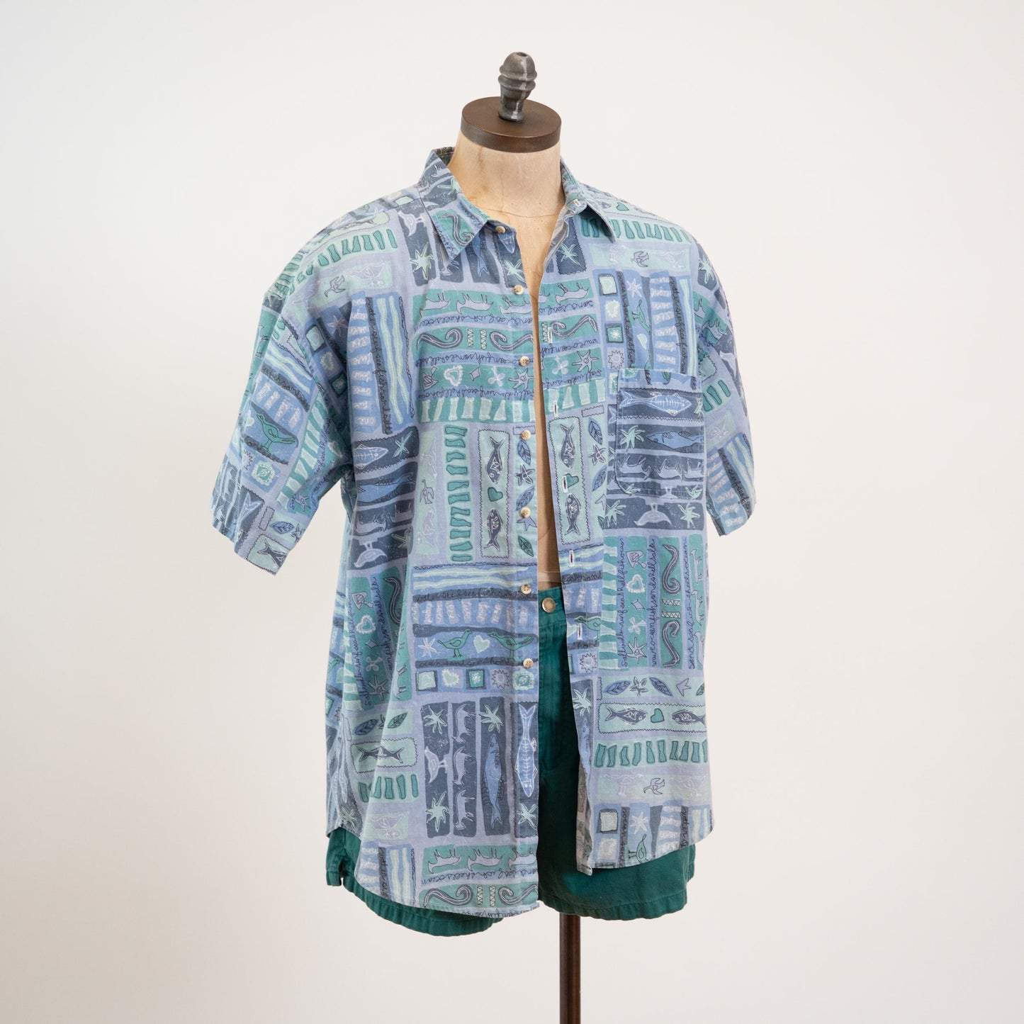 Vintage 90s Batik Fish Print Button Up Top - Extra Large | Lightweight Blue Short Sleeve Collared Shirt