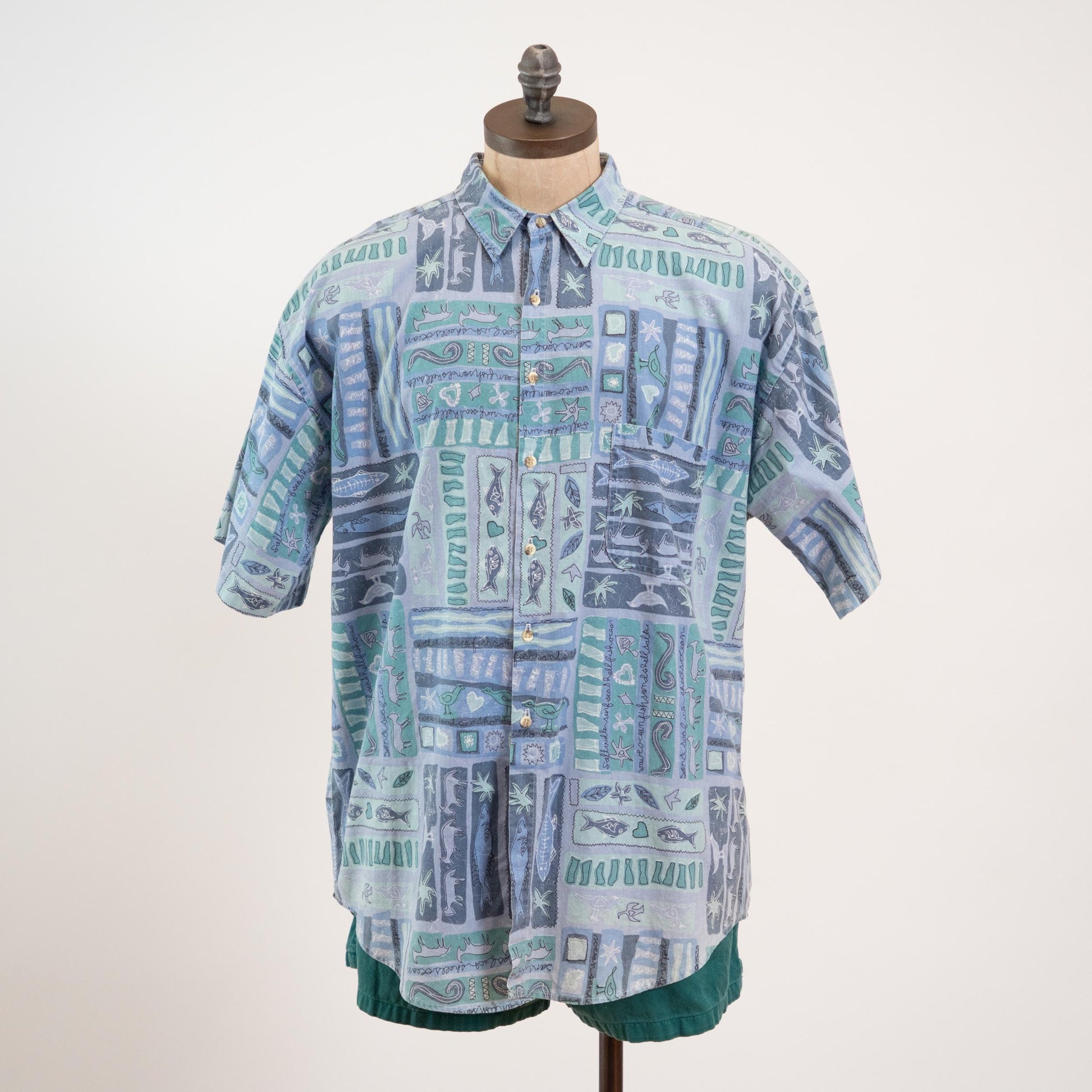 Vintage 90s Batik Fish Print Button Up Top - Extra Large | Lightweight Blue Short Sleeve Collared Shirt
