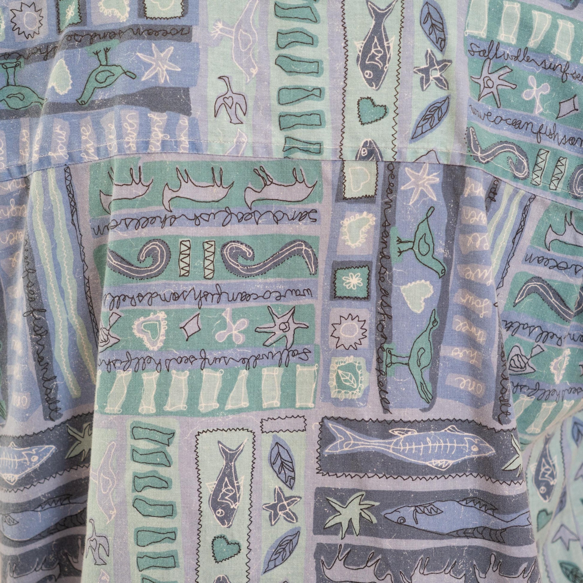 Vintage 90s Batik Fish Print Button Up Top - Extra Large | Lightweight Blue Short Sleeve Collared Shirt