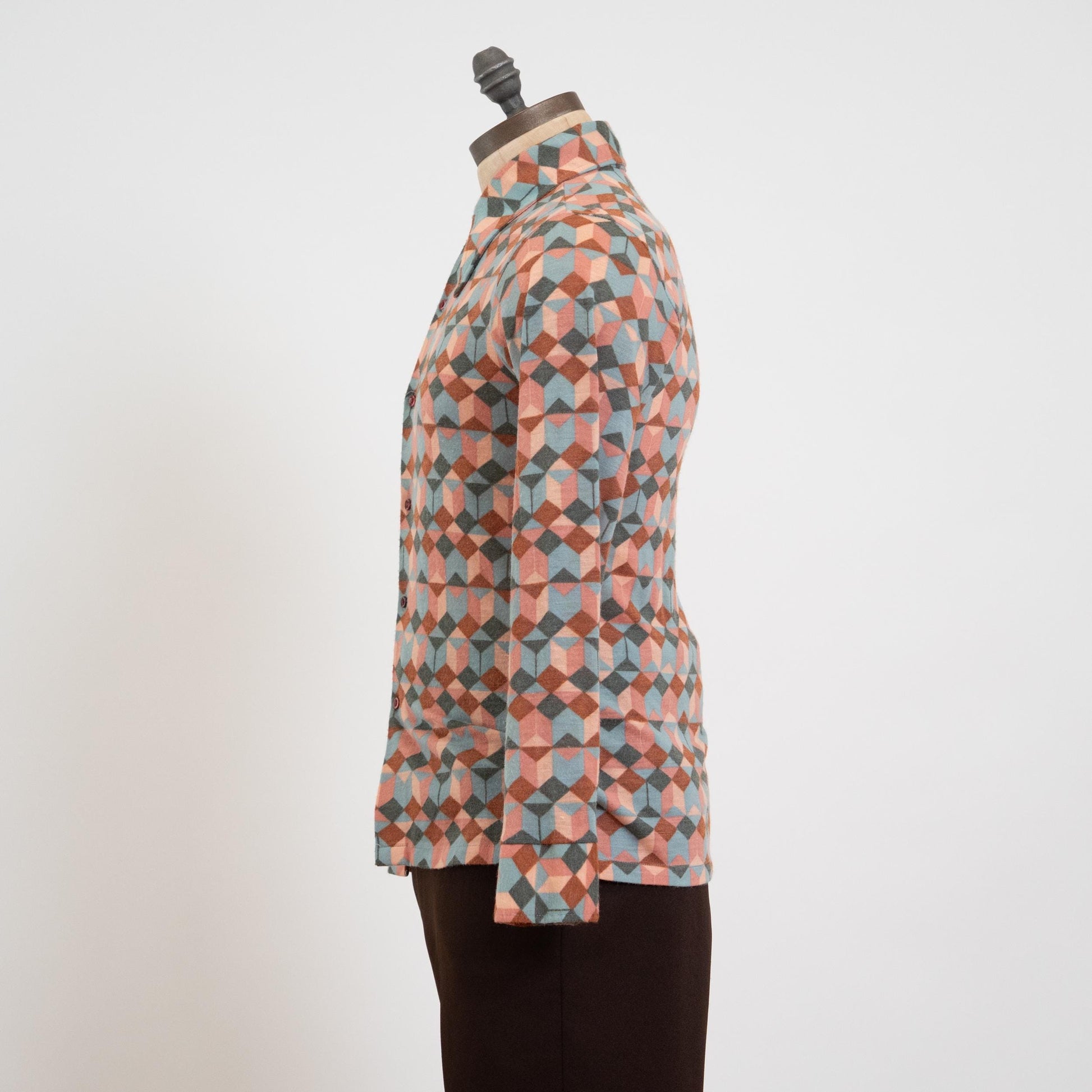 Vintage 70s Geometric Op Art Novelty Print Disco Shirt - Small | Long Sleeve Collared Knit Button Up Shirt