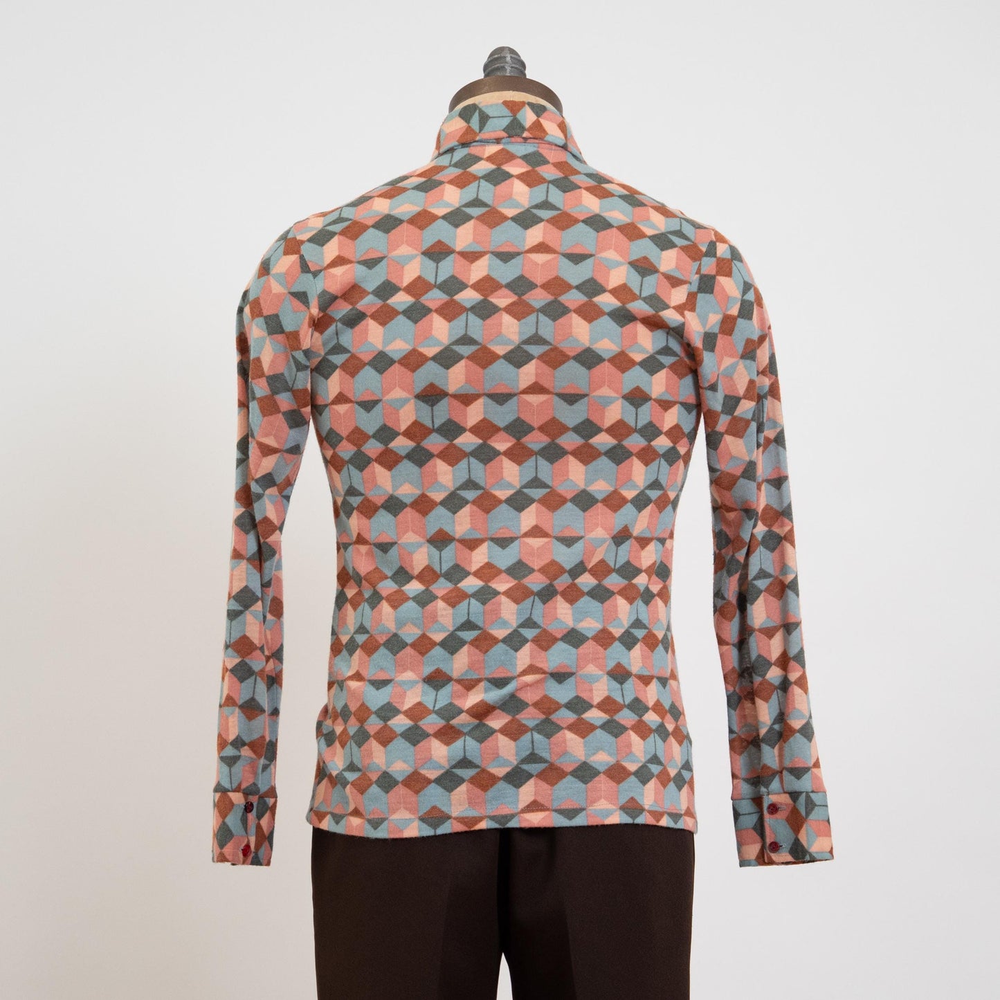 Vintage 70s Geometric Op Art Novelty Print Disco Shirt - Small | Long Sleeve Collared Knit Button Up Shirt