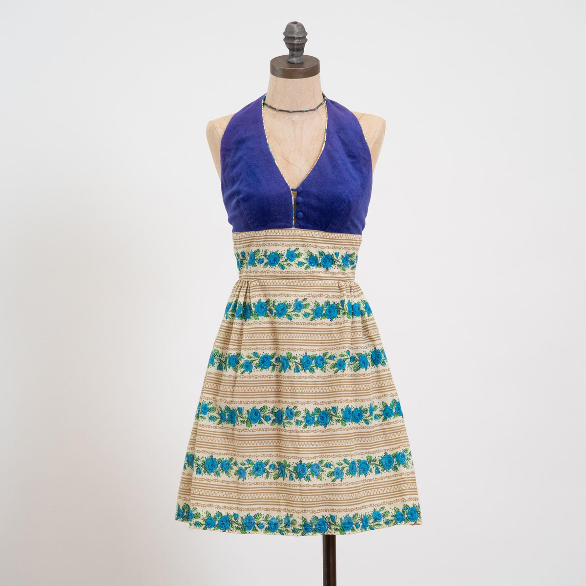 Vintage 70s Candi Jones Mini Halter Sundress - Extra Small | Low Back Striped Floral Boho Dress