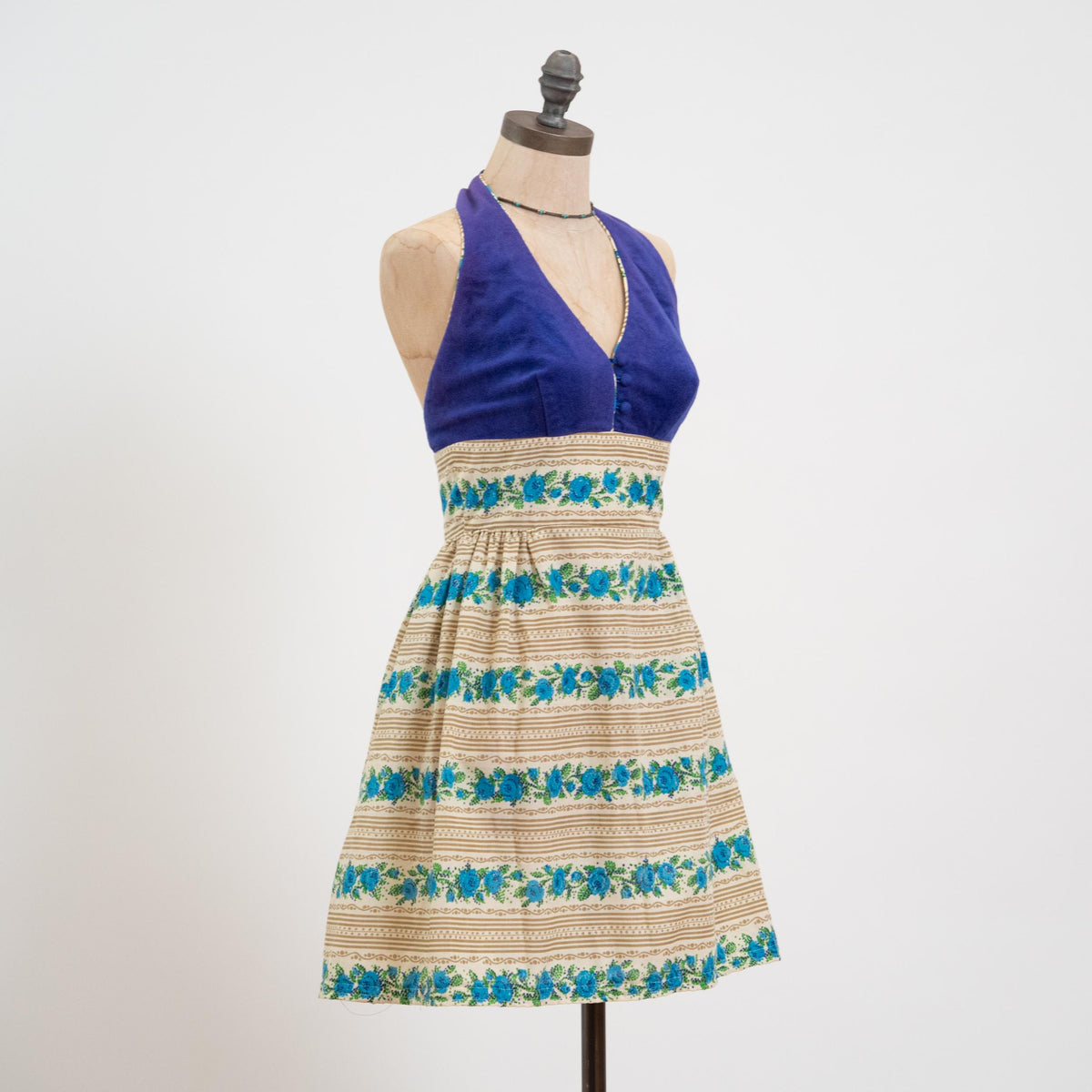 Vintage 70s Candi Jones Mini Halter Sundress - Extra Small | Low Back Striped Floral Boho Dress