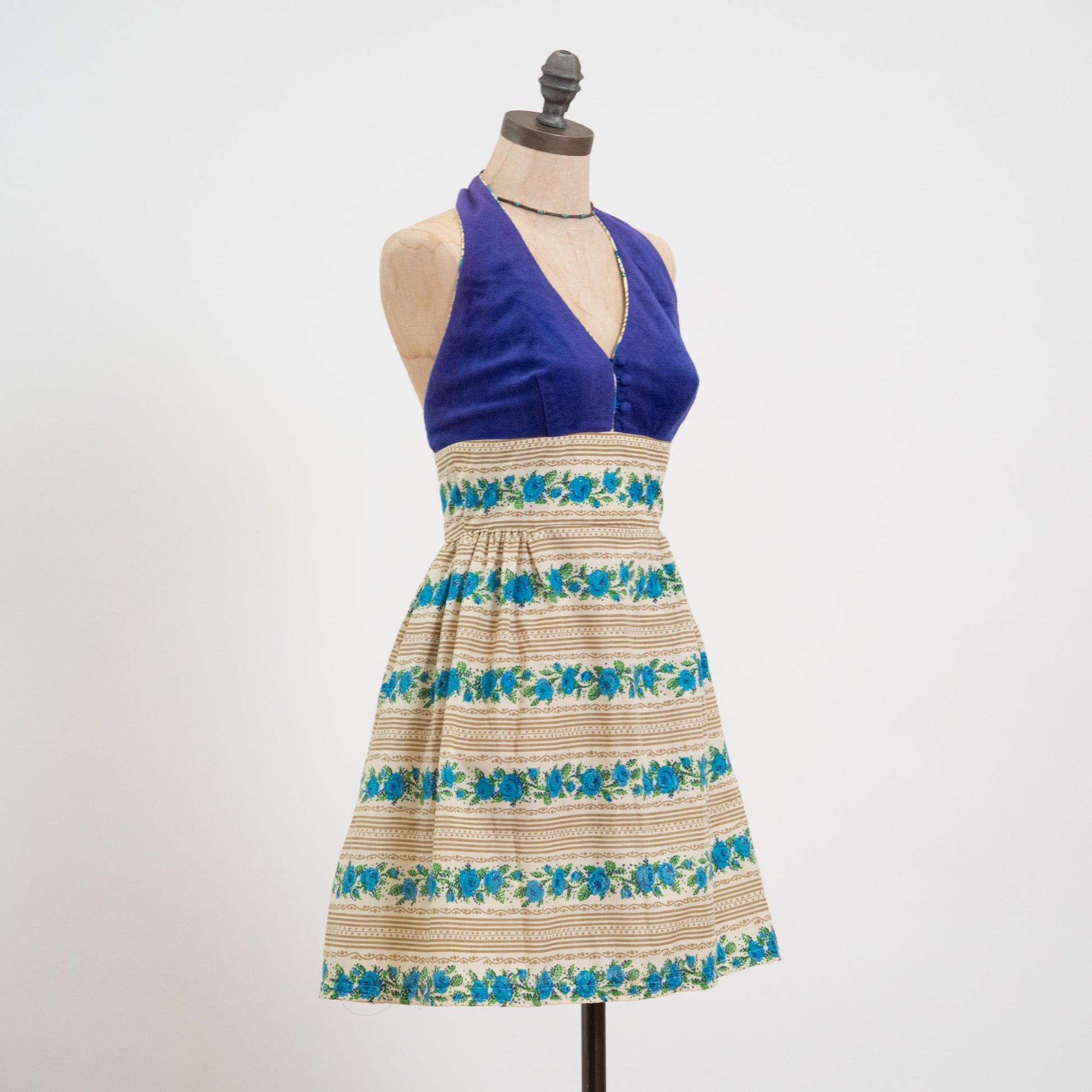 Vintage 70s Candi Jones Mini Halter Sundress - Extra Small | Low Back Striped Floral Boho Dress