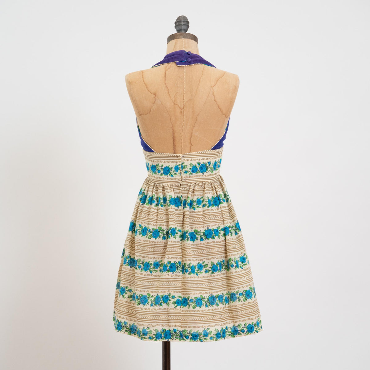 Vintage 70s Candi Jones Mini Halter Sundress - Extra Small | Low Back Striped Floral Boho Dress