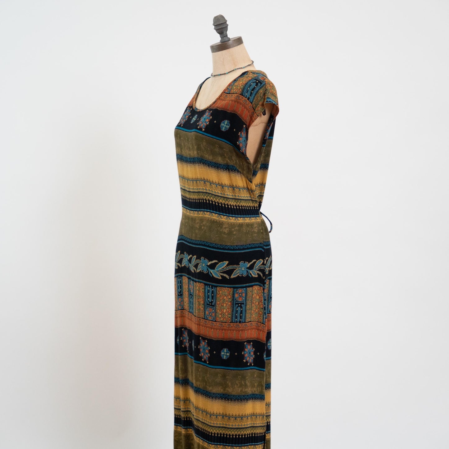 Vintage 90s Striped Earth Tone Floral Maxi Dress - Medium | Cap Sleeve Grunge Dress, Tie Back Summer Sundress