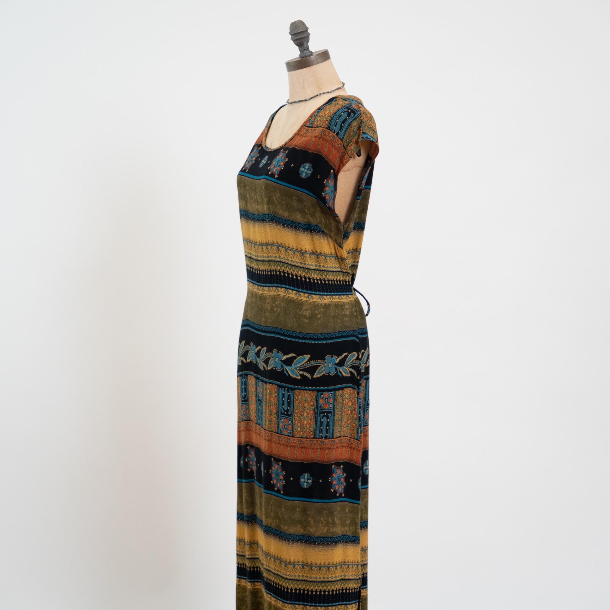 Vintage 90s Striped Earth Tone Floral Maxi Dress - Medium | Cap Sleeve Grunge Dress, Tie Back Summer Sundress