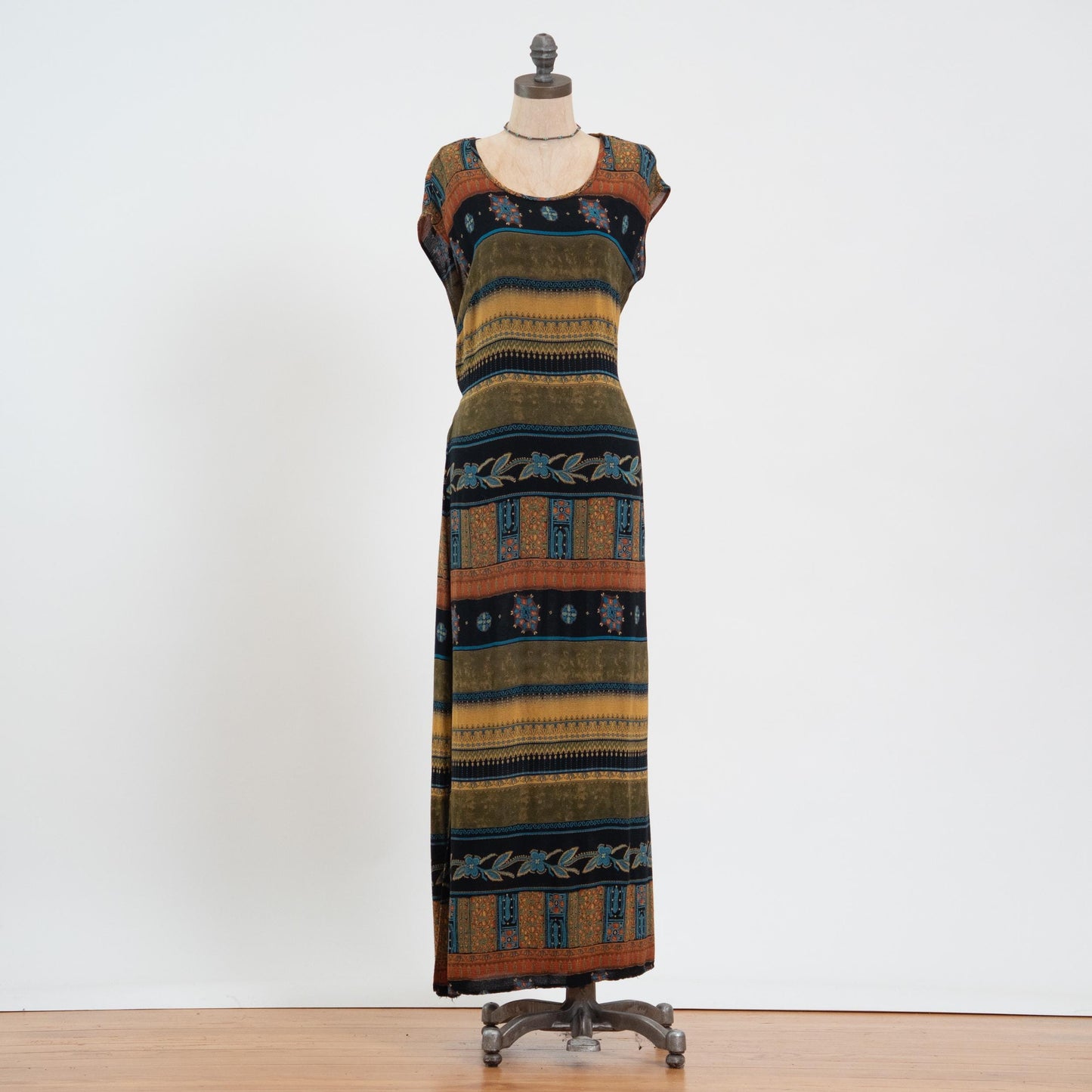 Vintage 90s Striped Earth Tone Floral Maxi Dress - Medium | Cap Sleeve Grunge Dress, Tie Back Summer Sundress