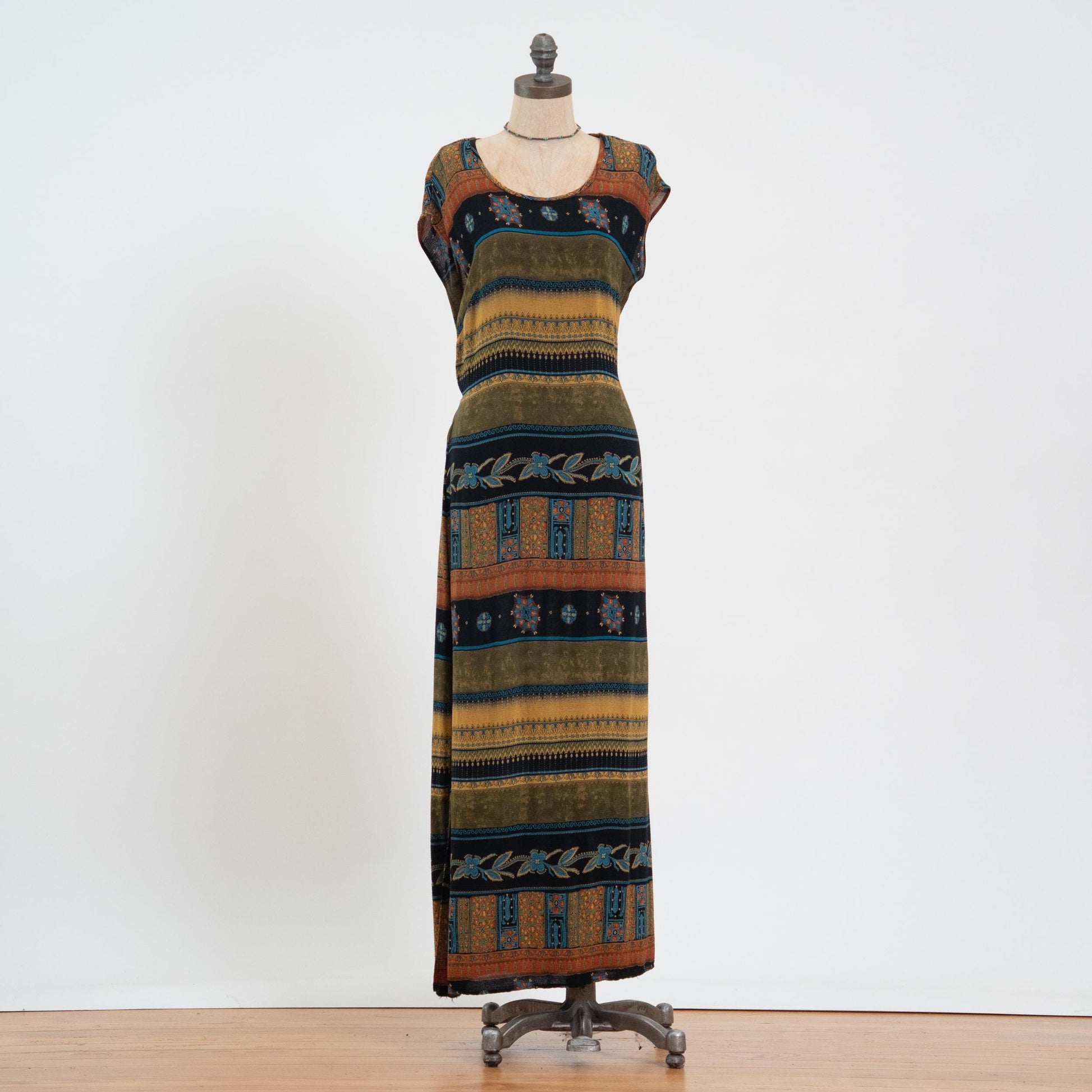 Vintage 90s Striped Earth Tone Floral Maxi Dress - Medium | Cap Sleeve Grunge Dress, Tie Back Summer Sundress