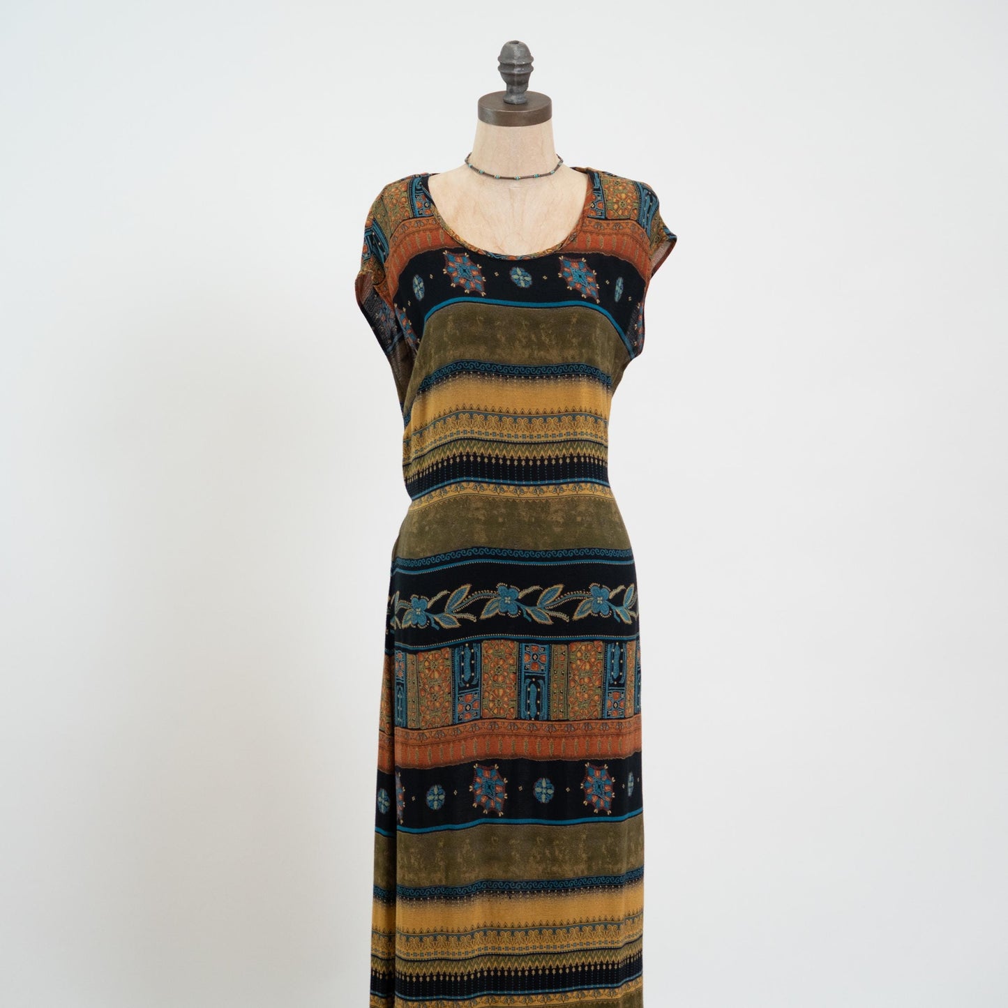 Vintage 90s Striped Earth Tone Floral Maxi Dress - Medium | Cap Sleeve Grunge Dress, Tie Back Summer Sundress