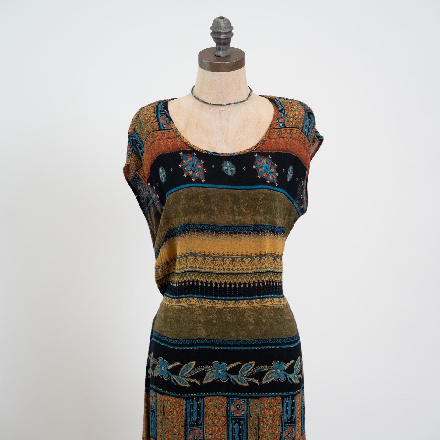 Vintage 90s Striped Earth Tone Floral Maxi Dress - Medium | Cap Sleeve Grunge Dress, Tie Back Summer Sundress