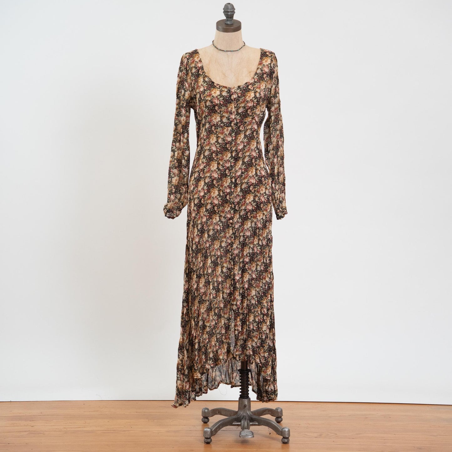 Vintage 90s Sheer Earth Tone Floral Tie Back Maxi Dress - Medium to Large | High-Low Hem Long Sleeve Boho Grunge Dress