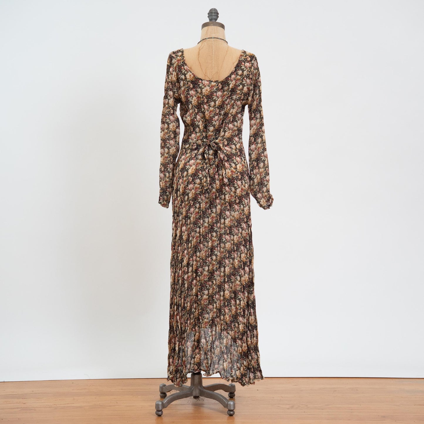 Vintage 90s Sheer Earth Tone Floral Tie Back Maxi Dress - Medium to Large | High-Low Hem Long Sleeve Boho Grunge Dress