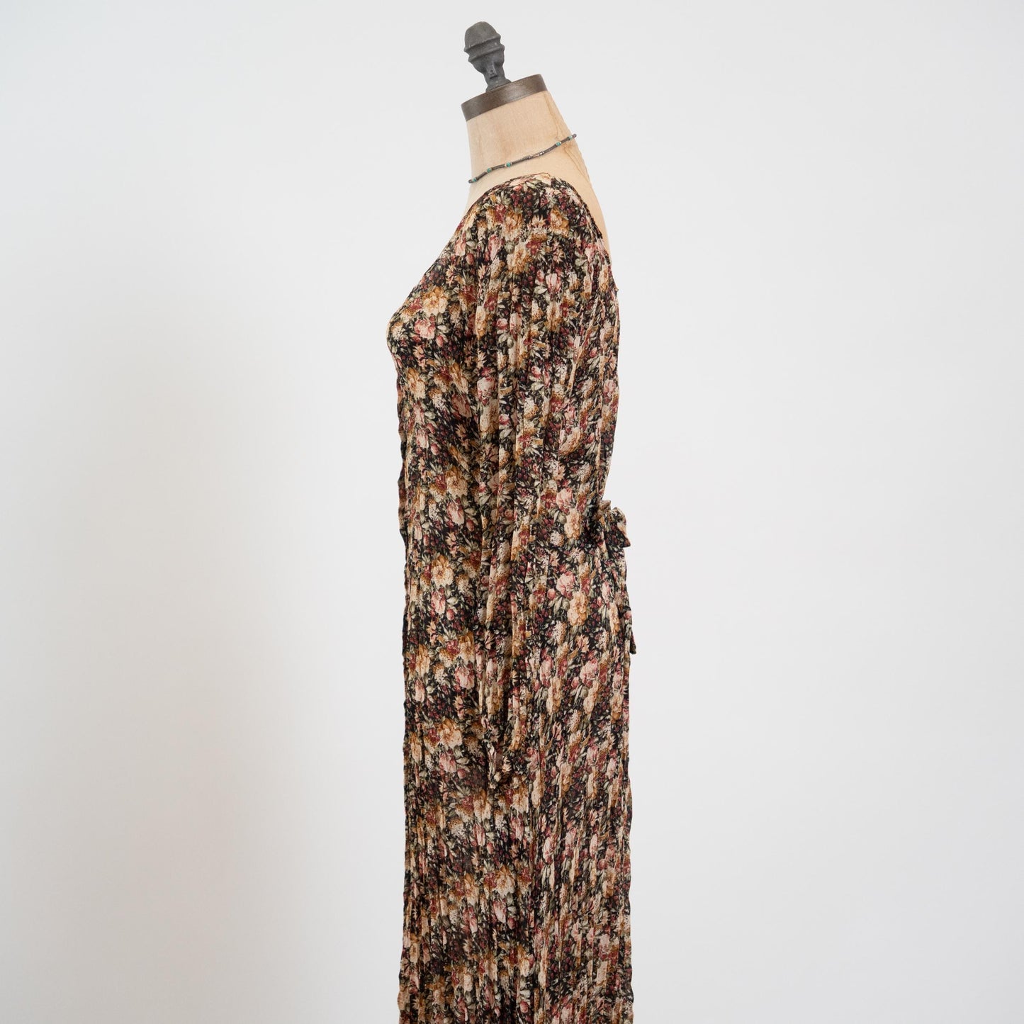 Vintage 90s Sheer Earth Tone Floral Tie Back Maxi Dress - Medium to Large | High-Low Hem Long Sleeve Boho Grunge Dress