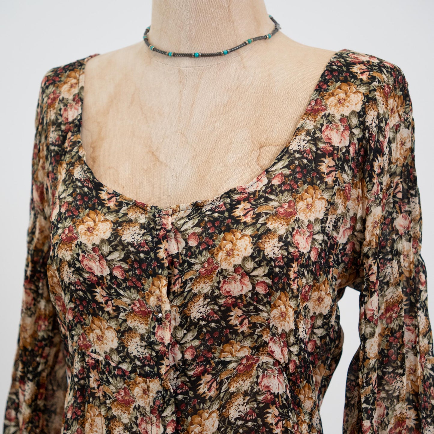 Vintage 90s Sheer Earth Tone Floral Tie Back Maxi Dress - Medium to Large | High-Low Hem Long Sleeve Boho Grunge Dress