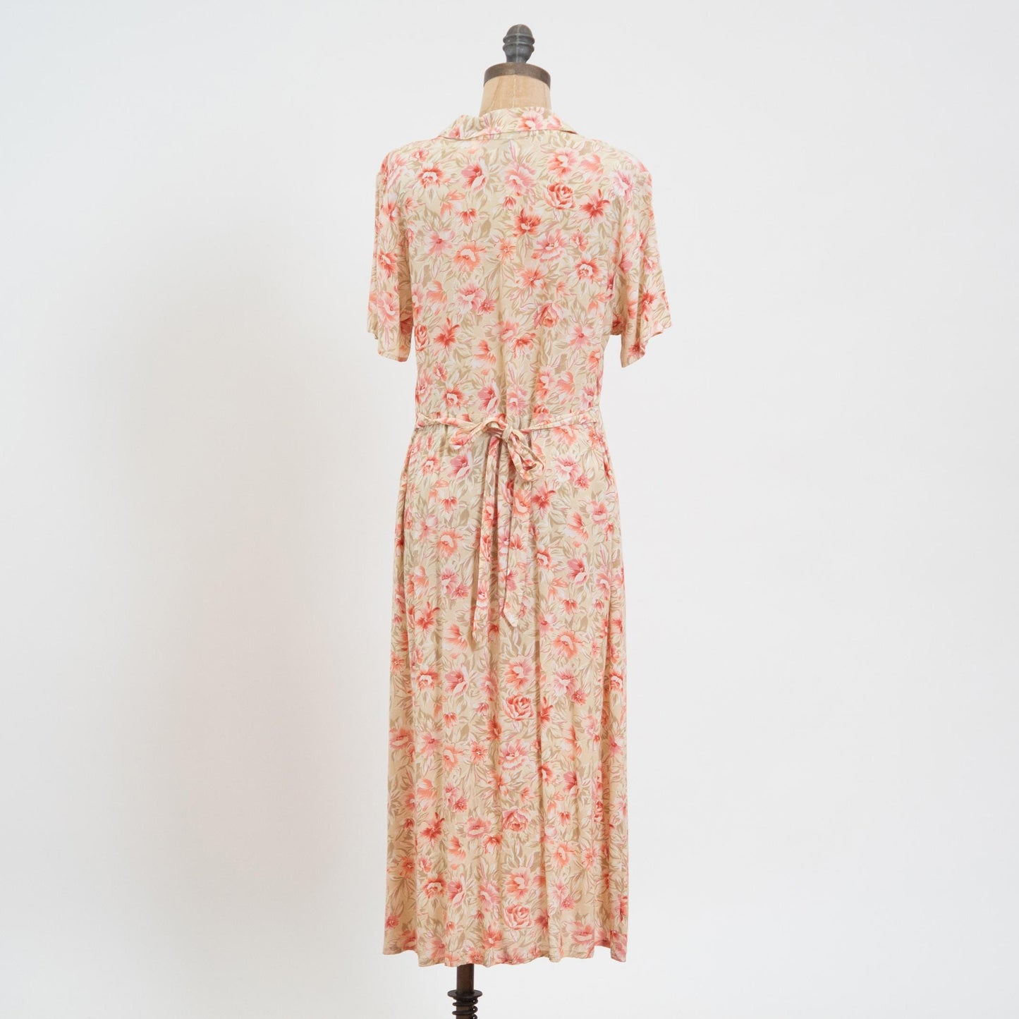 Vintage 90s Pink & Cream Floral Midi Dress - Large | Boho Button Up Short Sleeve Shirtdress