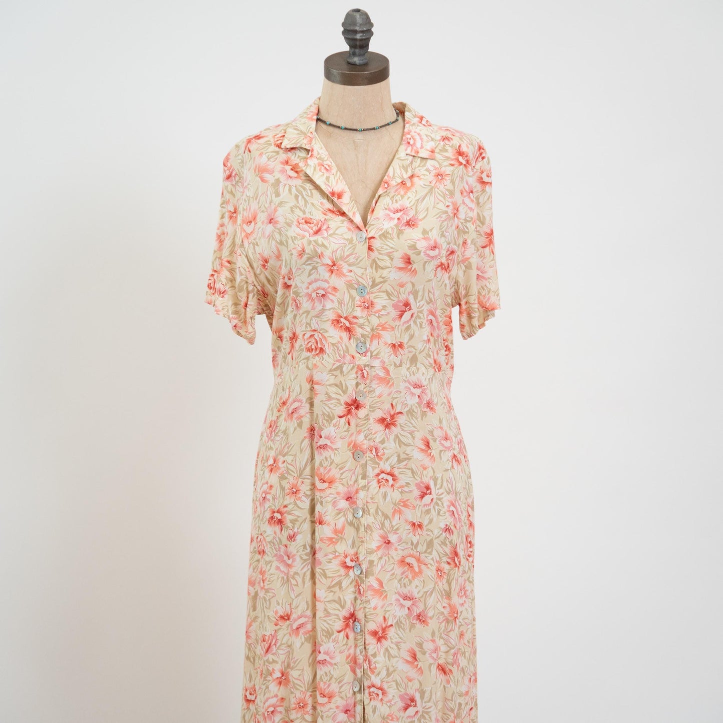 Vintage 90s Pink & Cream Floral Midi Dress - Large | Boho Button Up Short Sleeve Shirtdress