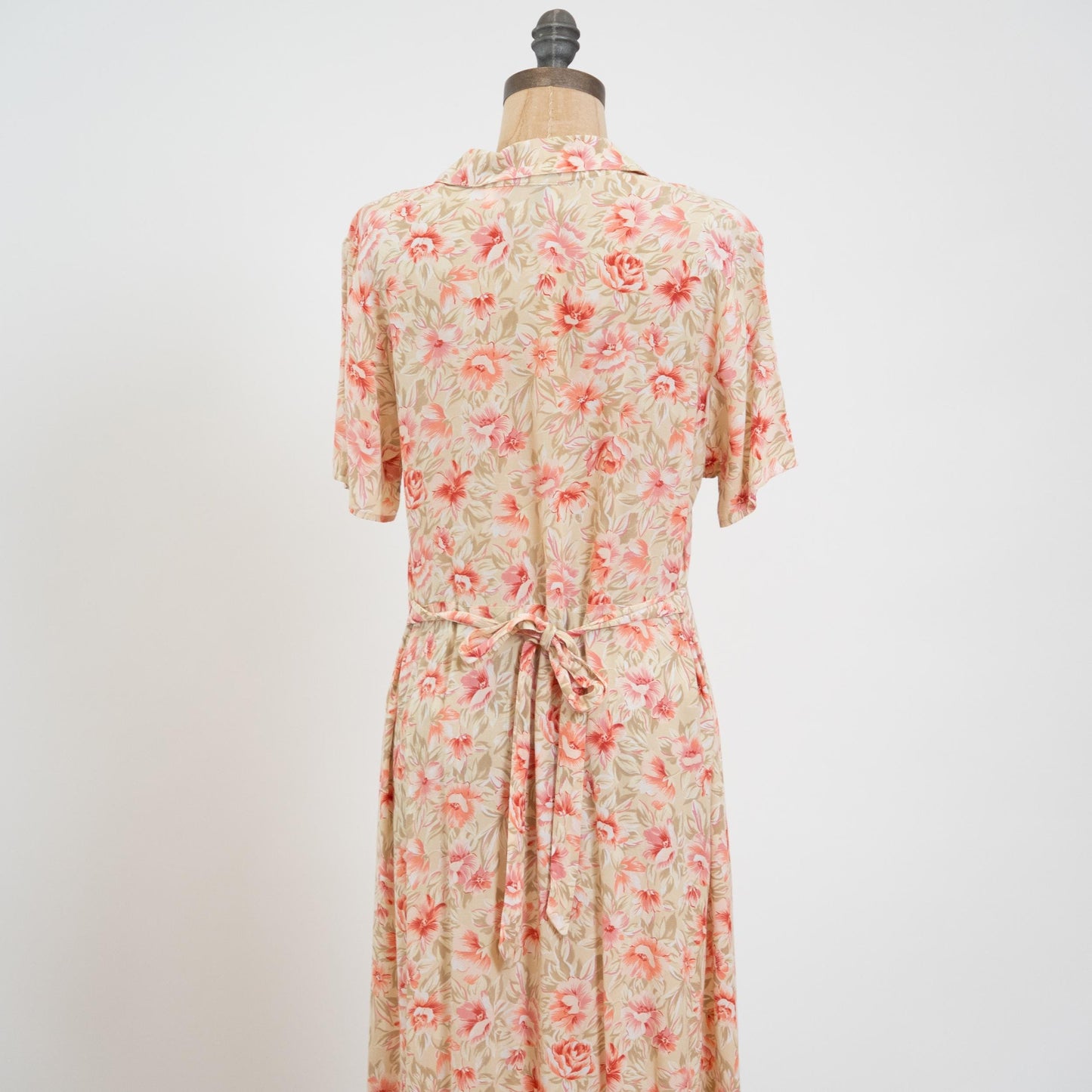 Vintage 90s Pink & Cream Floral Midi Dress - Large | Boho Button Up Short Sleeve Shirtdress