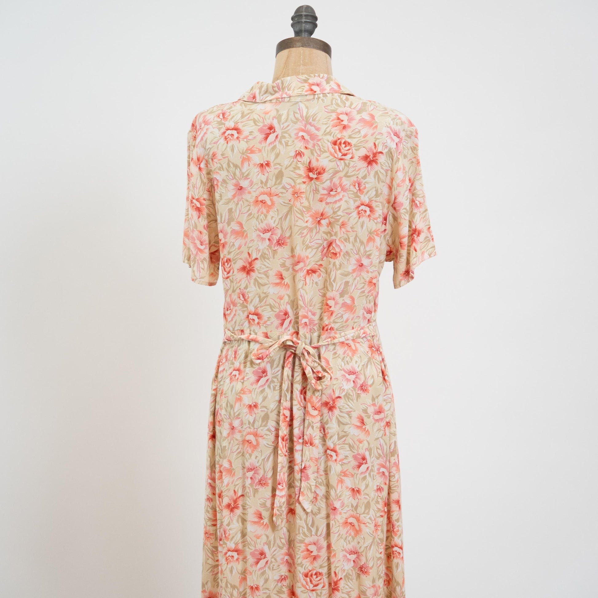 Vintage 90s Pink & Cream Floral Midi Dress - Large | Boho Button Up Short Sleeve Shirtdress