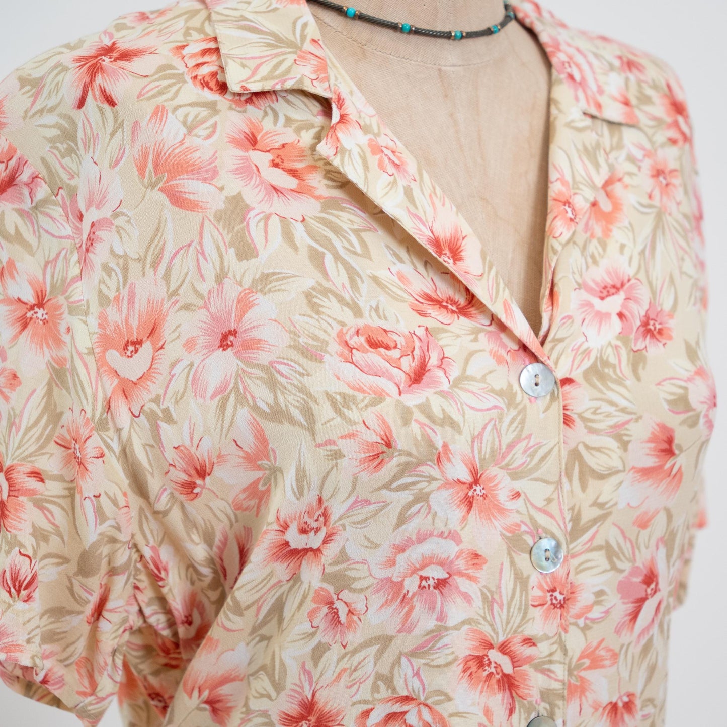 Vintage 90s Pink & Cream Floral Midi Dress - Large | Boho Button Up Short Sleeve Shirtdress