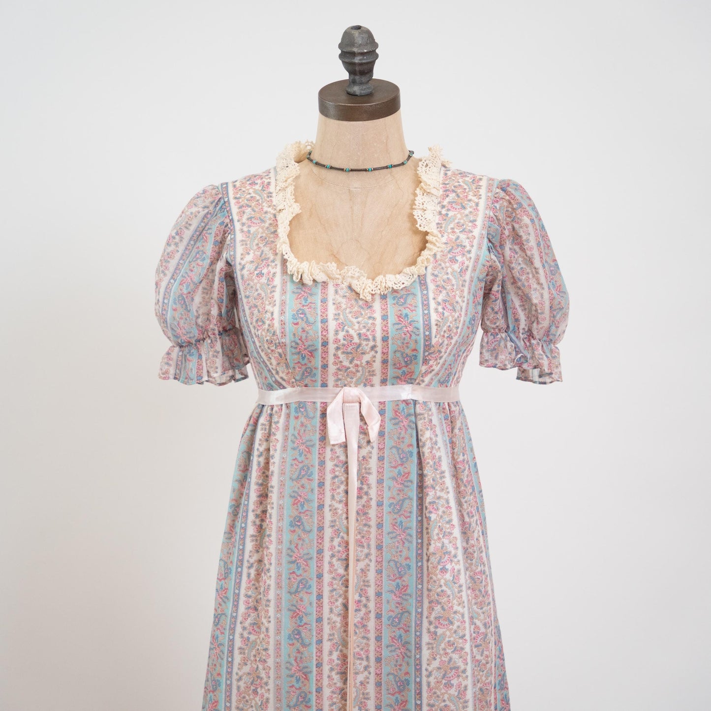 Vintage 60s Pastel Floral Puff Sleeve Prairie Dress - Petite Extra Small | Boho Crochet Trim A Line Maxi Dress