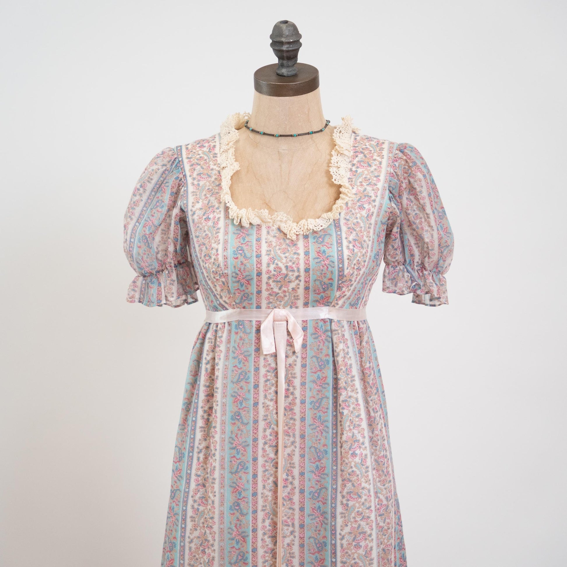 Vintage 60s Pastel Floral Puff Sleeve Prairie Dress - Petite Extra Small | Boho Crochet Trim A Line Maxi Dress