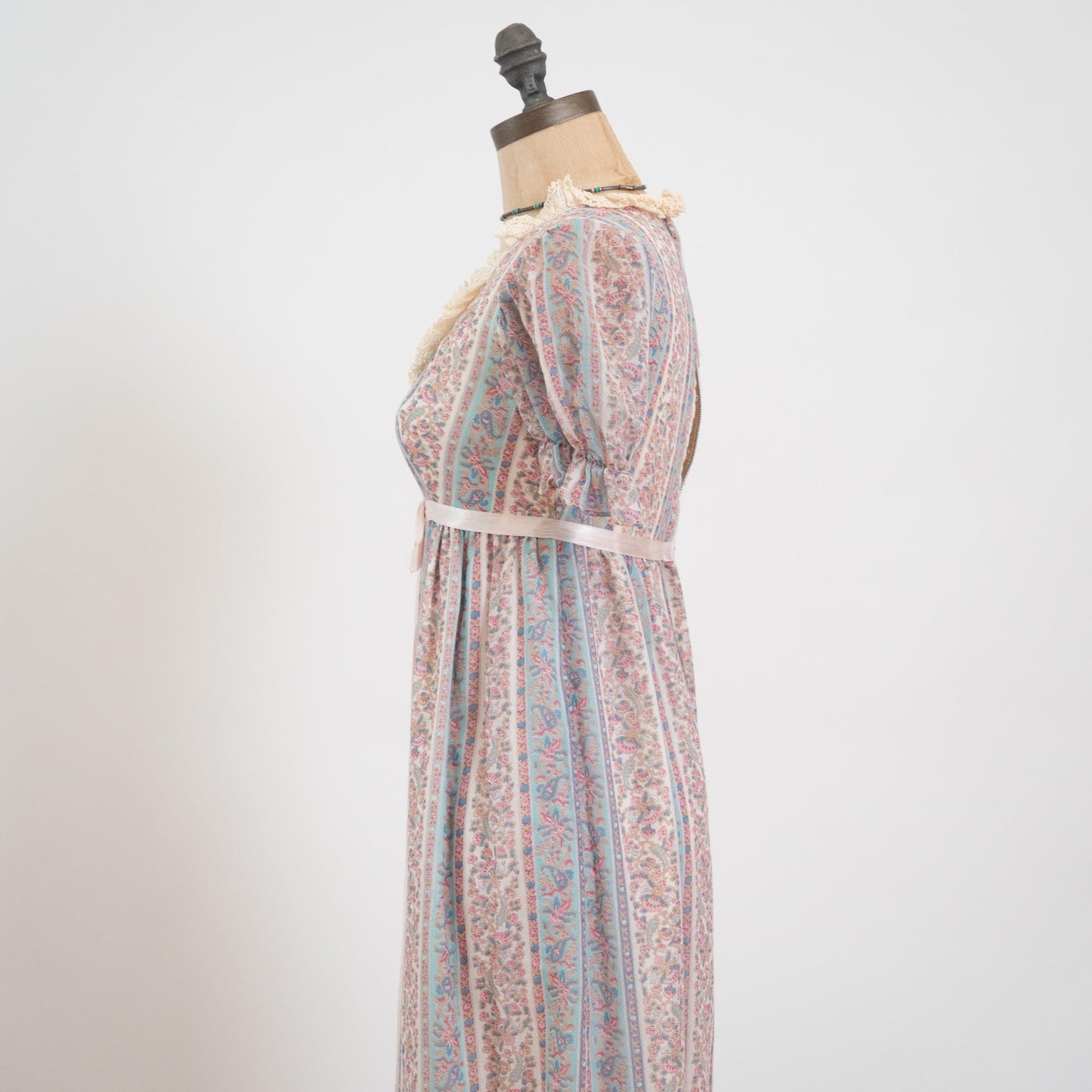 Vintage 60s Pastel Floral Puff Sleeve Prairie Dress - Petite Extra Small | Boho Crochet Trim A Line Maxi Dress