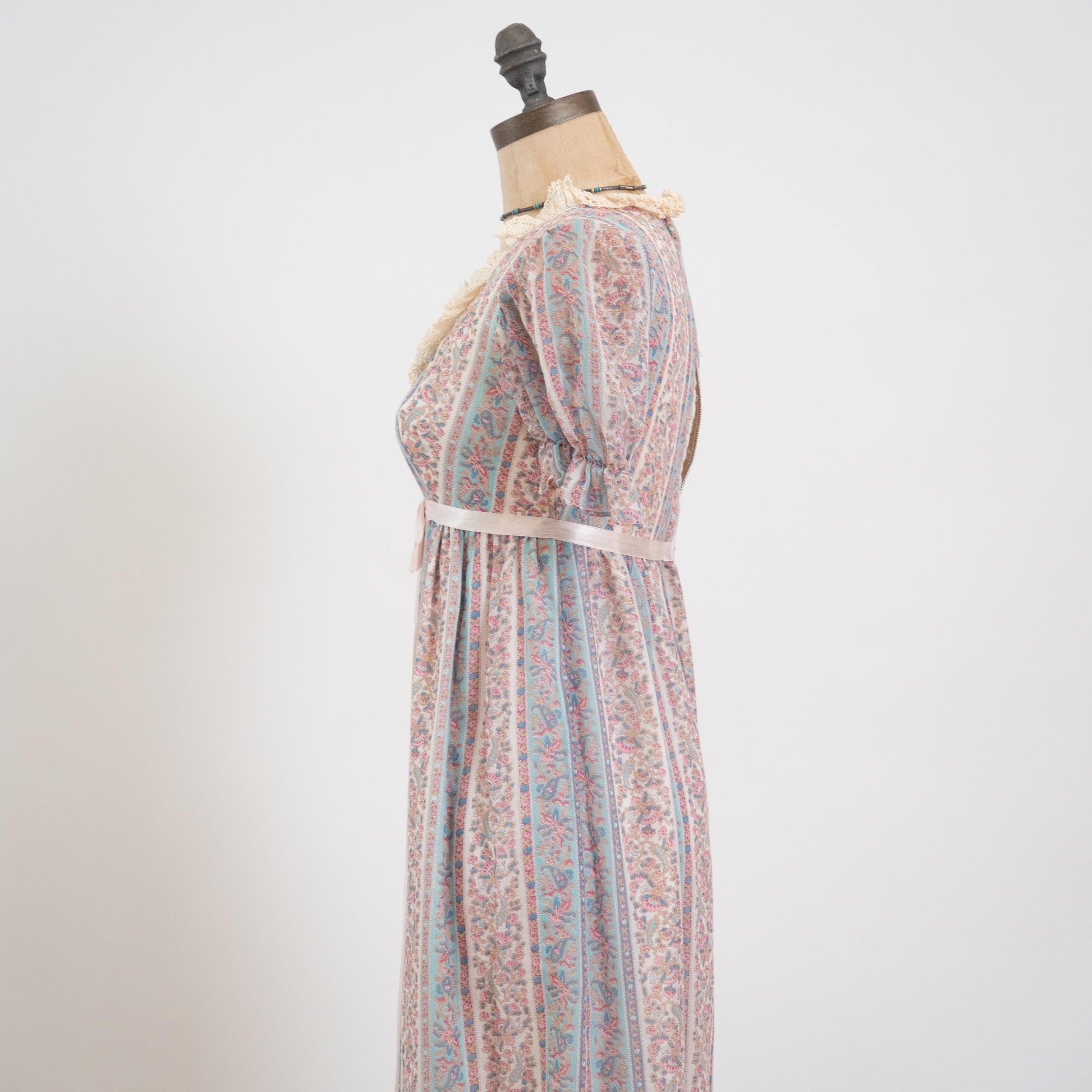 Vintage 60s Pastel Floral Puff Sleeve Prairie Dress - Petite Extra Small | Boho Crochet Trim A Line Maxi Dress
