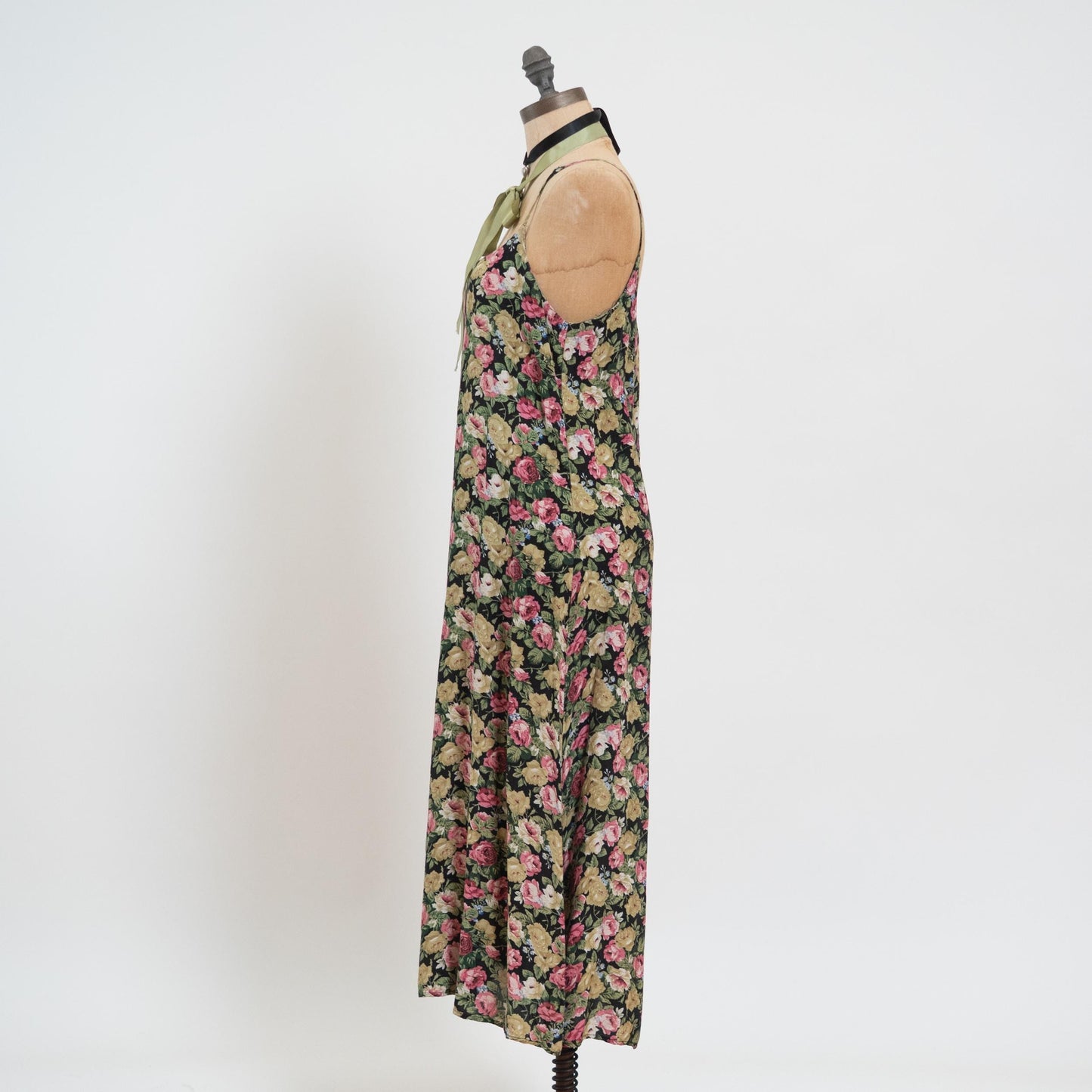 Vintage 90s Black & Pink Rose Floral Maxi Dress - Large | Boho Spaghetti Strap Summer Sundress
