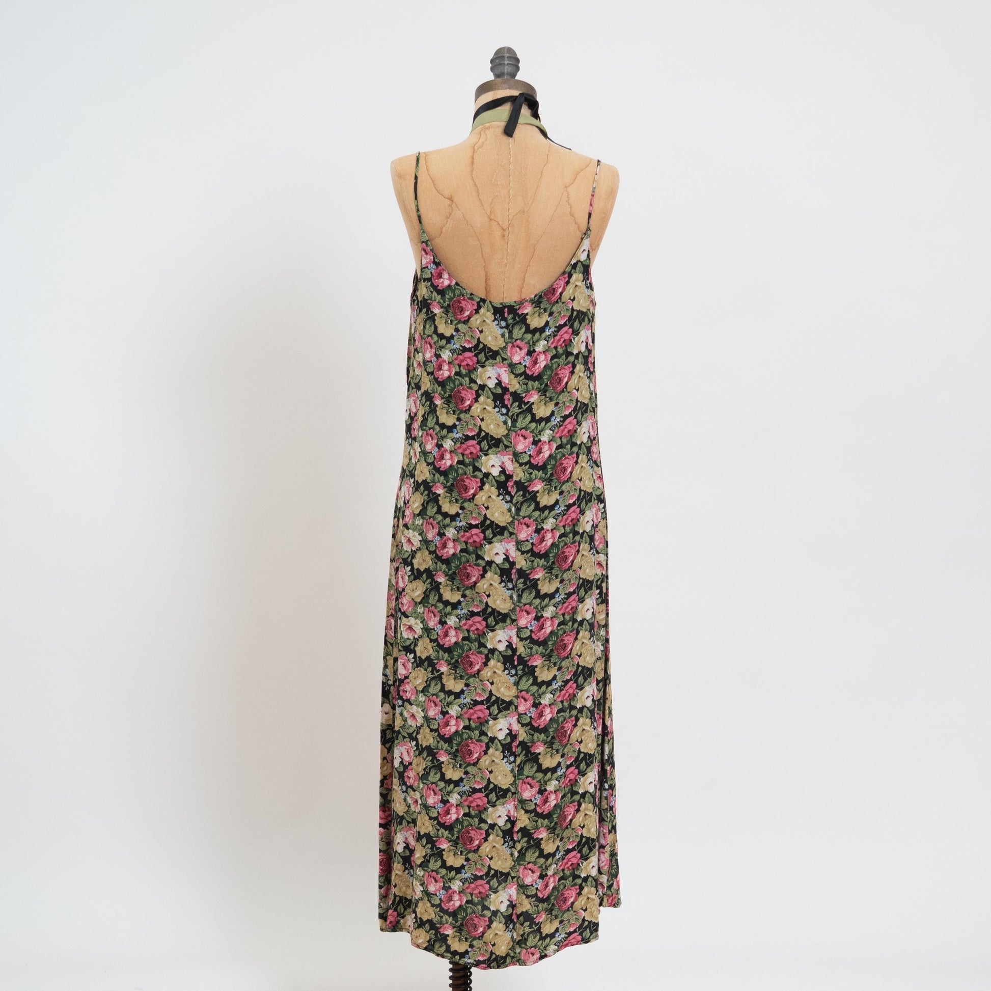 Vintage 90s Black & Pink Rose Floral Maxi Dress - Large | Boho Spaghetti Strap Summer Sundress