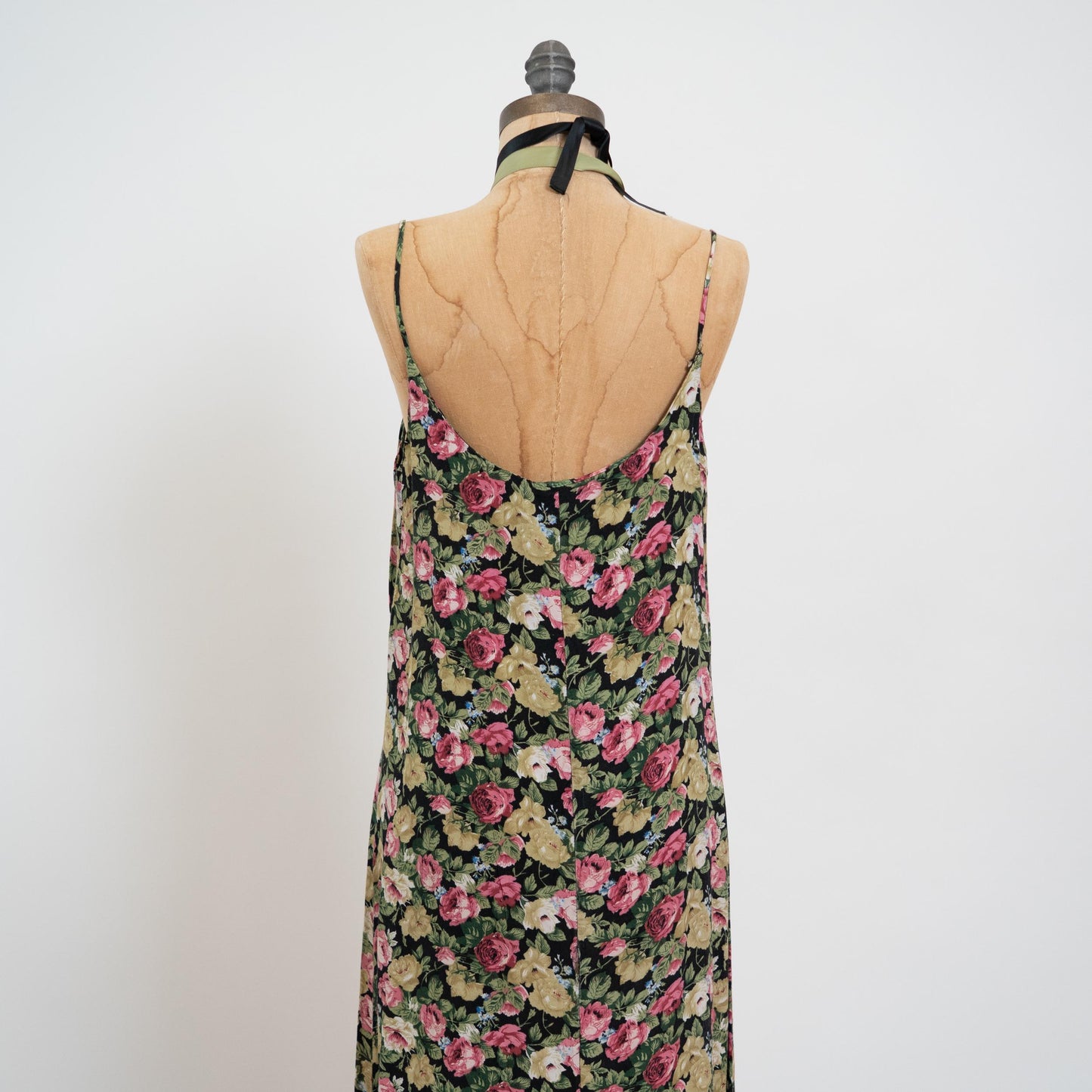 Vintage 90s Black & Pink Rose Floral Maxi Dress - Large | Boho Spaghetti Strap Summer Sundress