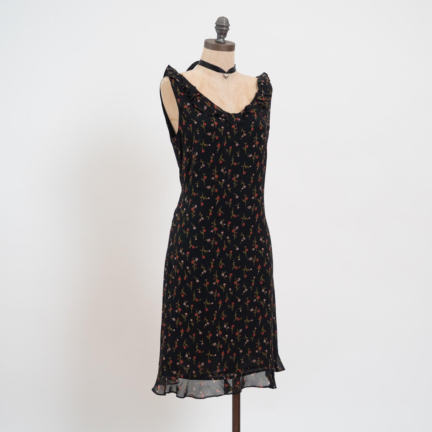 Vintage 90s Black Wildflower Floral Party Dress - Medium | Ruffle Trim Bias Cut Mini Dress