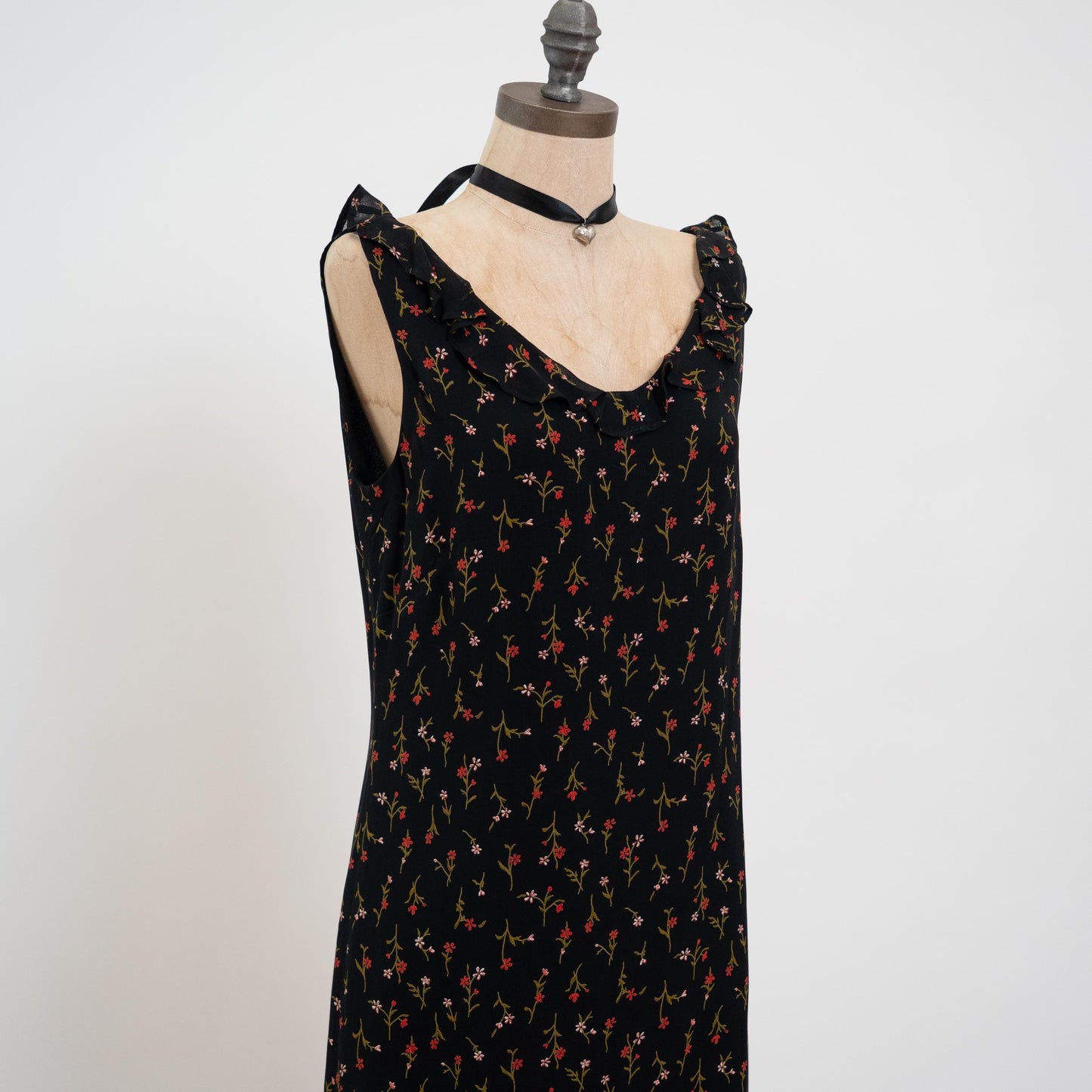 Vintage 90s Black Wildflower Floral Party Dress - Medium | Ruffle Trim Bias Cut Mini Dress
