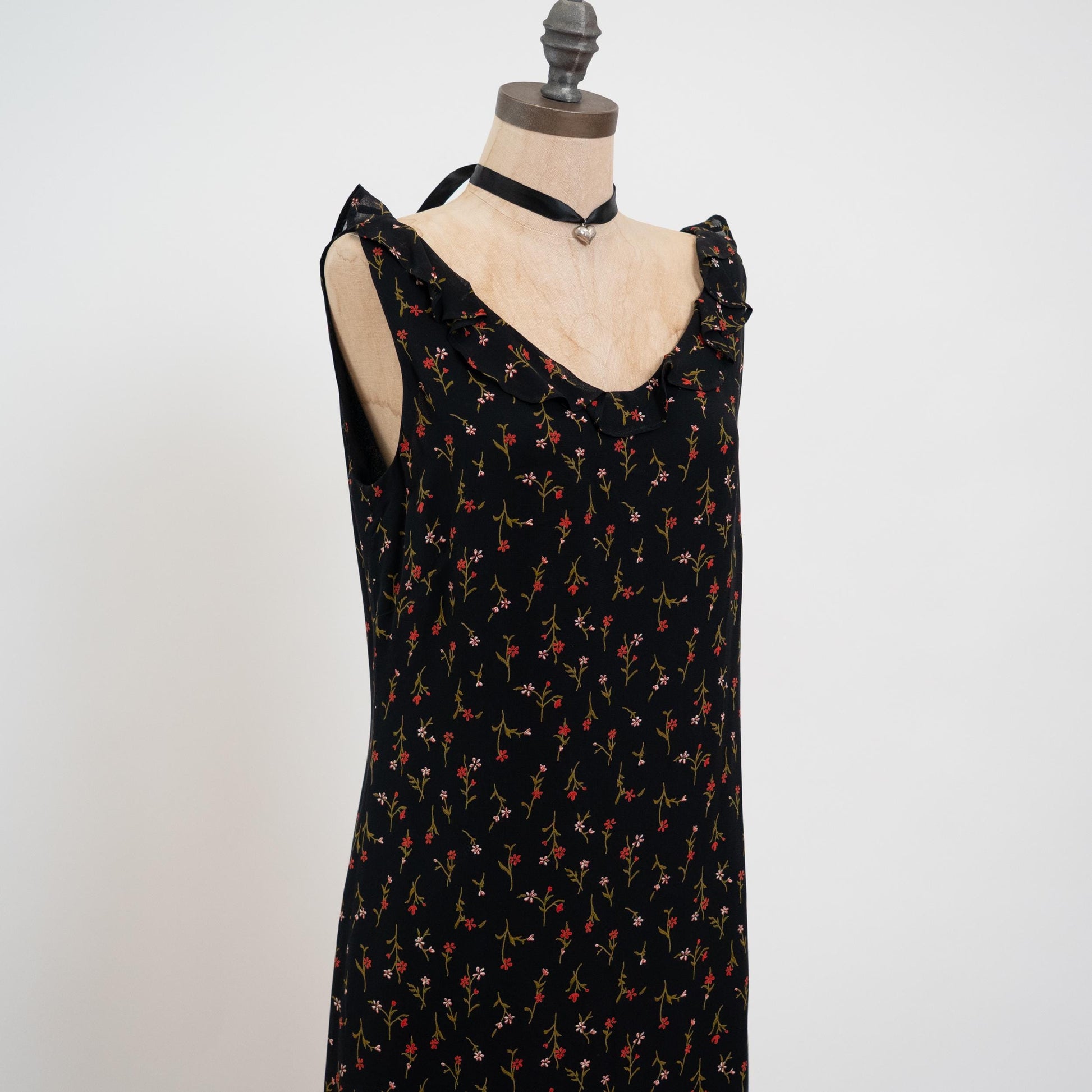 Vintage 90s Black Wildflower Floral Party Dress - Medium | Ruffle Trim Bias Cut Mini Dress